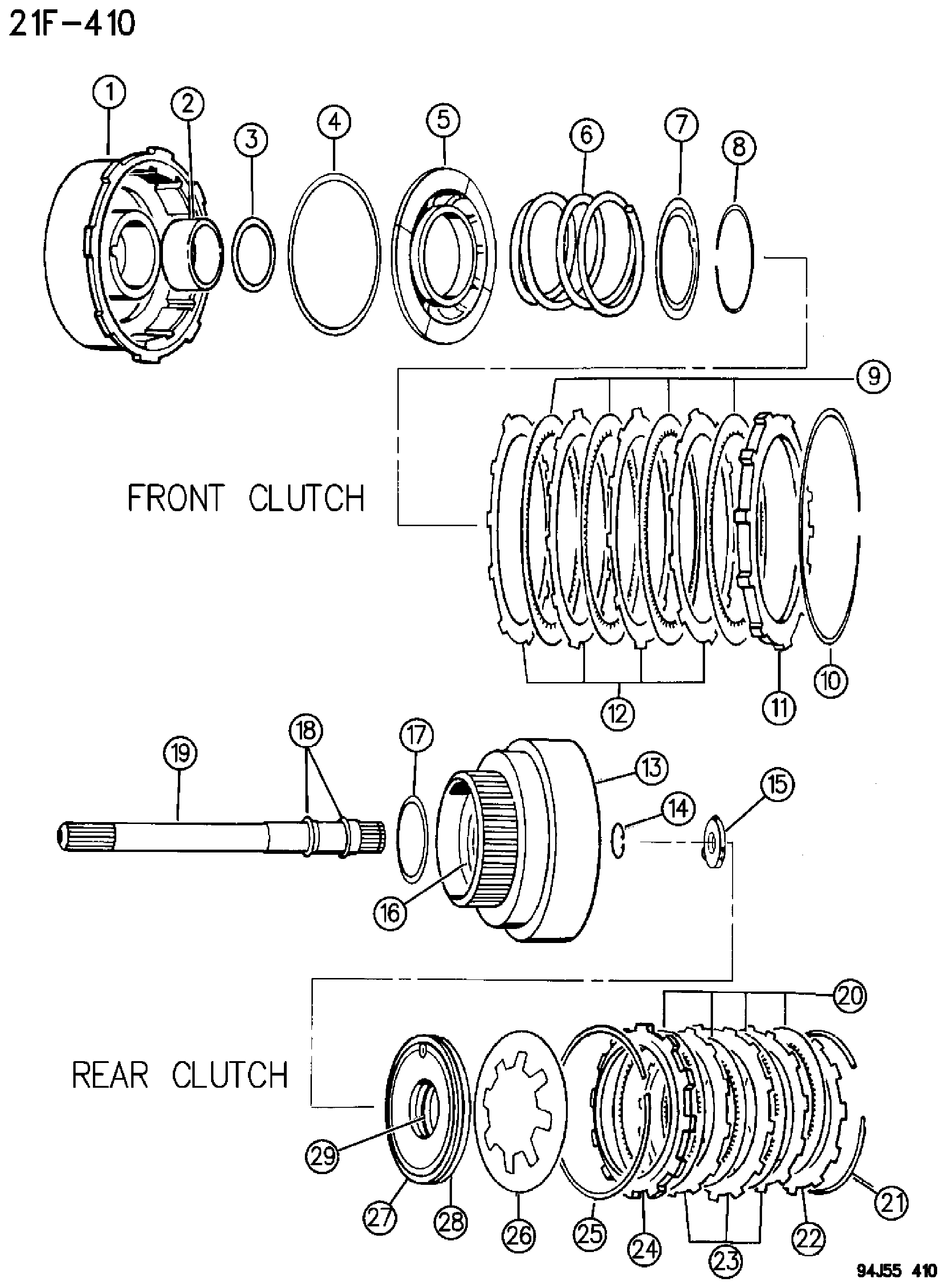 Exploded view: CLUTCH, FRONT AND REAR WITH GEAR TRAIN AUTOMATIC TRANSMISSION, 4 SPEED, 44RE GRAND CHEROKEE ZJ