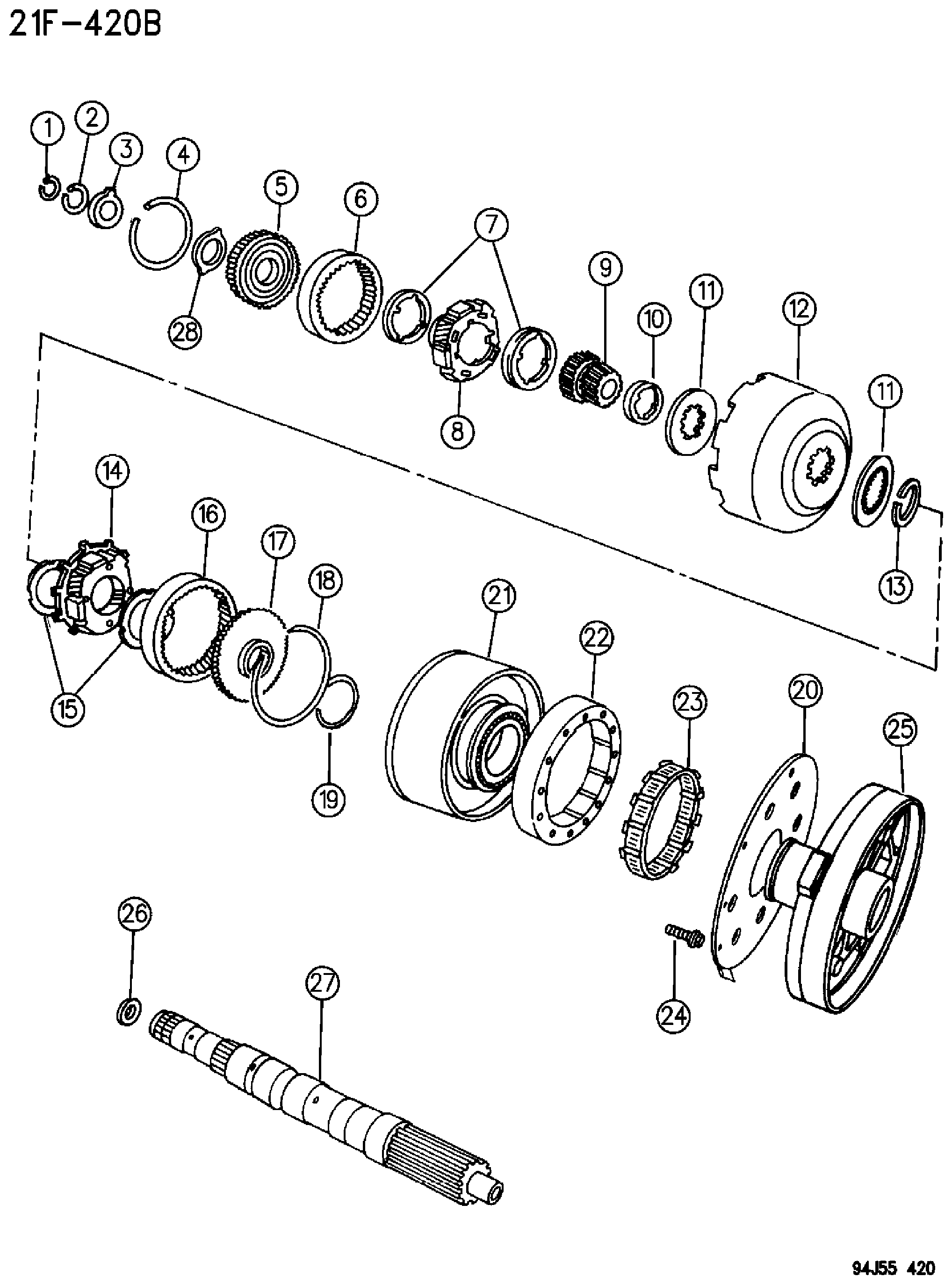 Exploded view: GEAR TRAIN AND INTERMEDIATE SHAFT AUTOMATIC TRANSMISSION, 4 SPEED, 44RE GRAND CHEROKEE ZJ