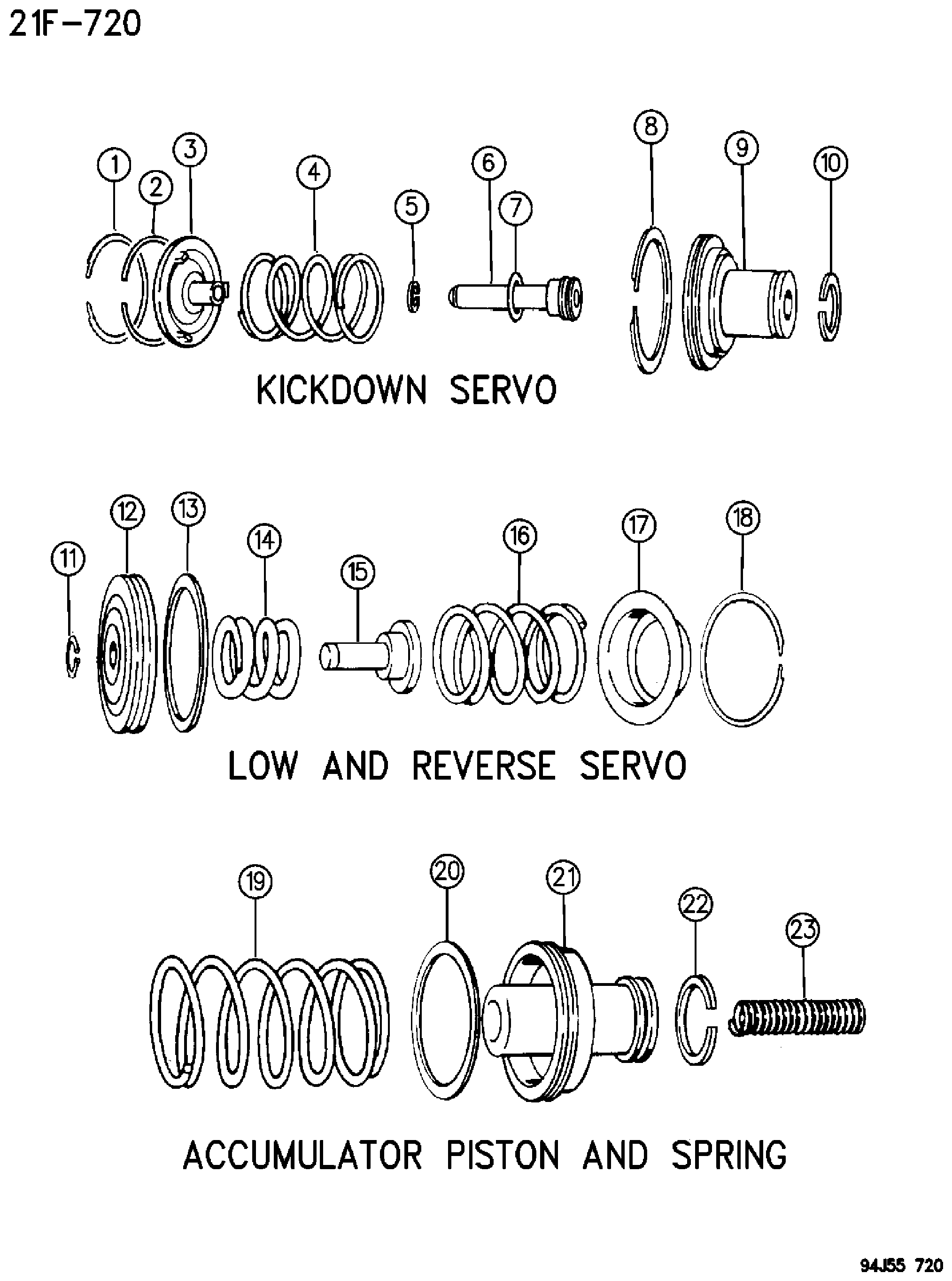 Exploded view: SERVOS, ACCUMULATOR PISTON AND SPRING AUTOMATIC TRANSMISSION, 4 SPEED, 44RE GRAND CHEROKEE ZJ