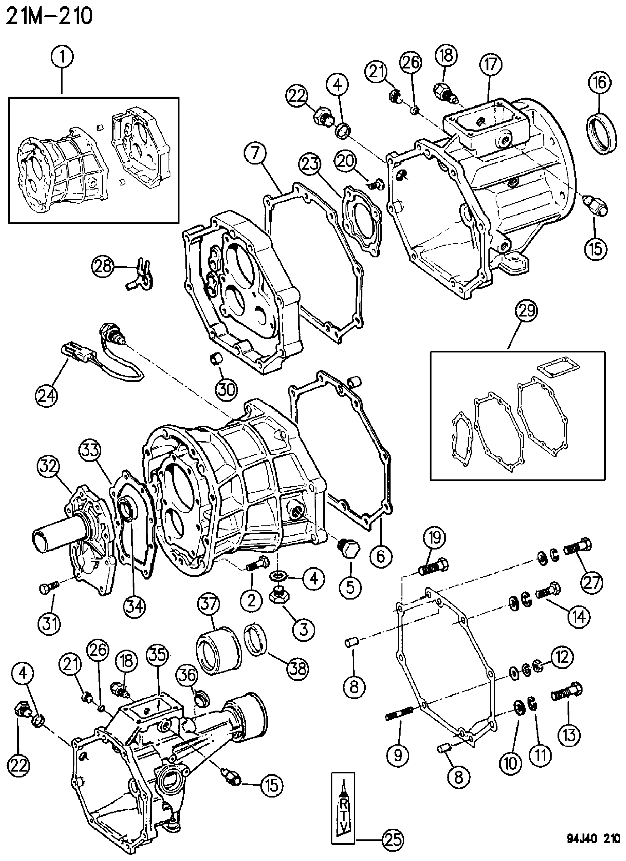 Exploded view: CASE, EXTENSION & MISCELLANEOUS PARTS FOUR CYLINDER GAS OR DIESEL ENGINE, FIVE SPEED TRANSMISSION - AISIN