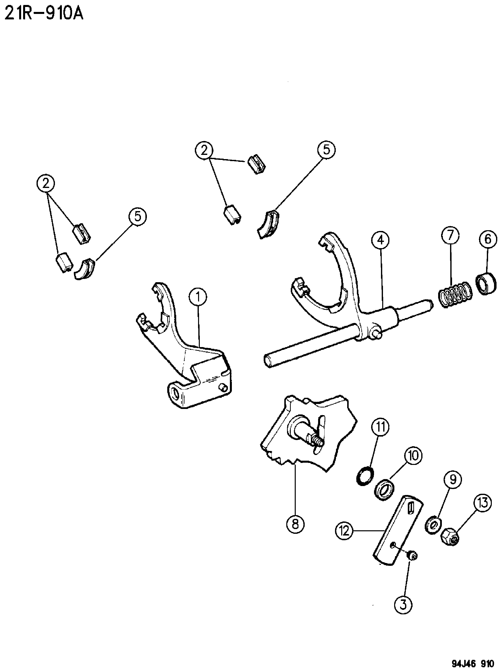 Exploded view: FORKS, RAILS, MISCELLANEOUS PARTS, SHIFT, (DHN) WRANGLER, YJ, CHEROKEE, GRAND CHEROKEE