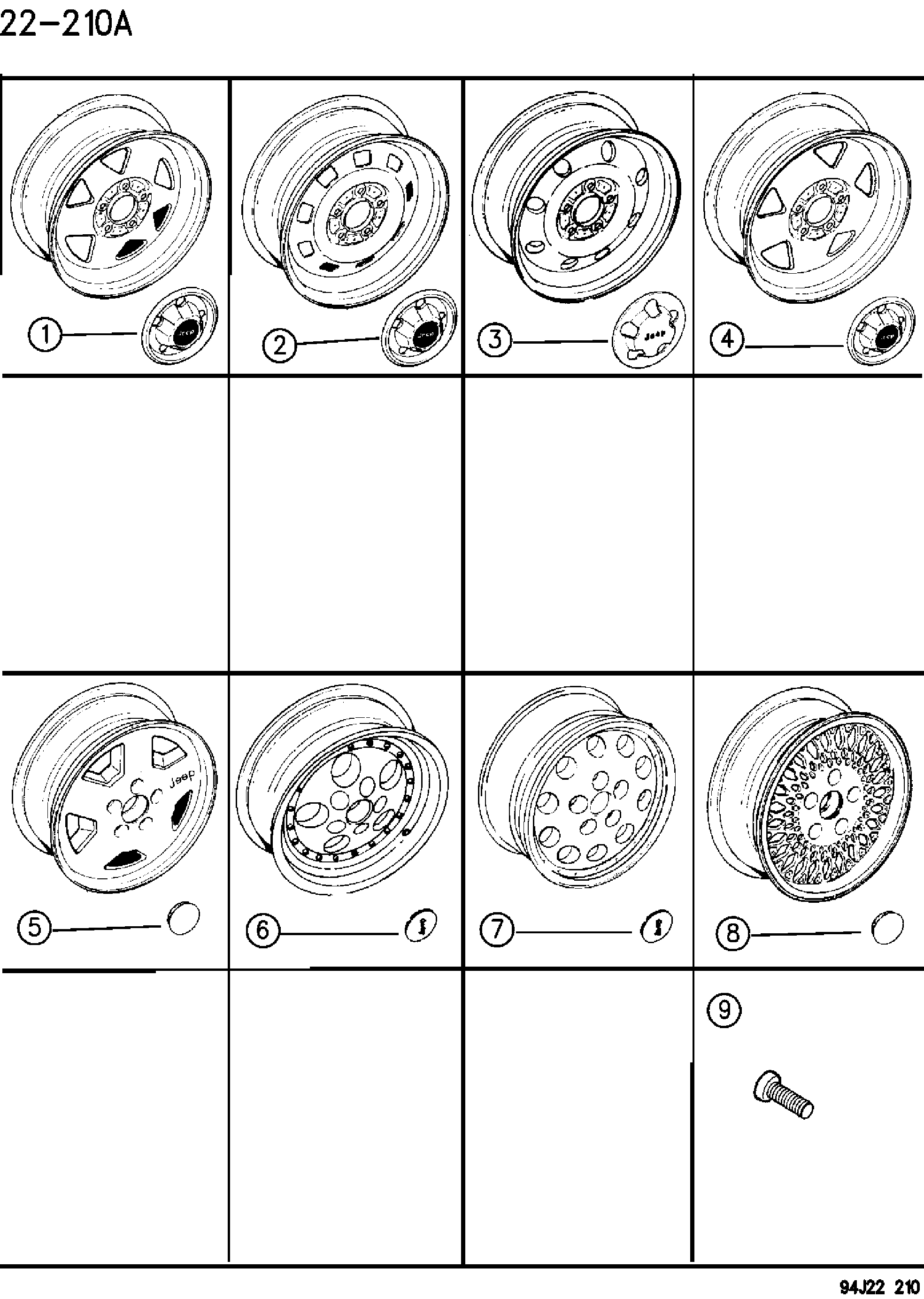 Exploded view: CAPS, WHEEL COVER, CENTER YJ BODY
