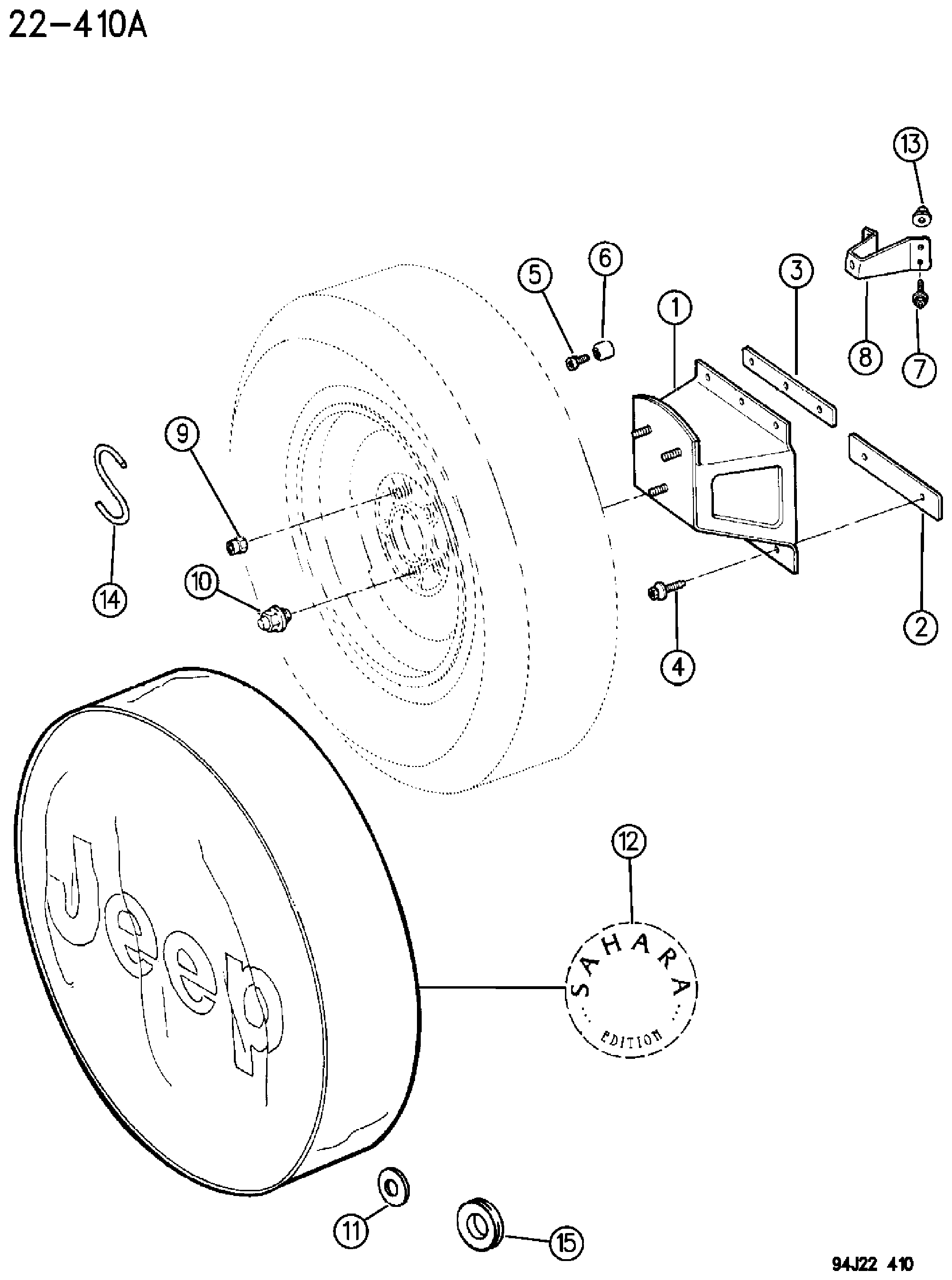Exploded view: WHEEL, SPARE TAILGATE MOUNTING YJ BODY