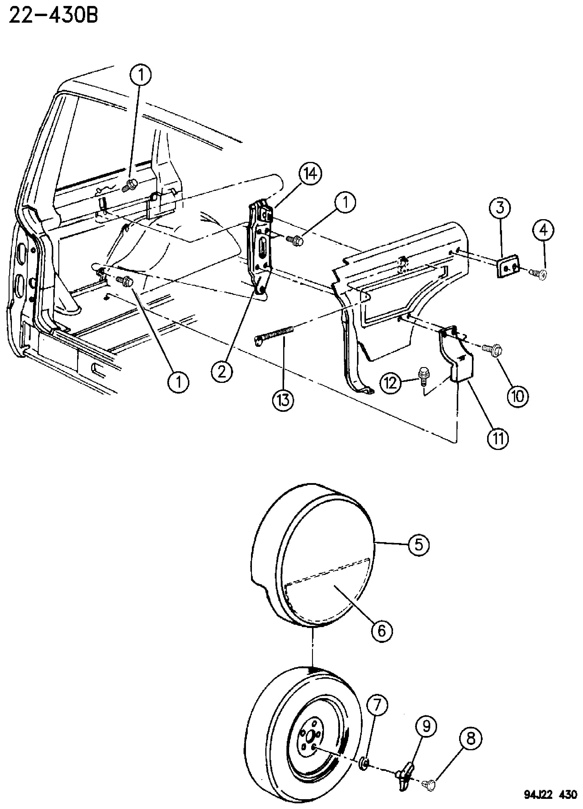 Exploded view: WHEEL, SPARE INSIDE MOUNTING XJ BODY