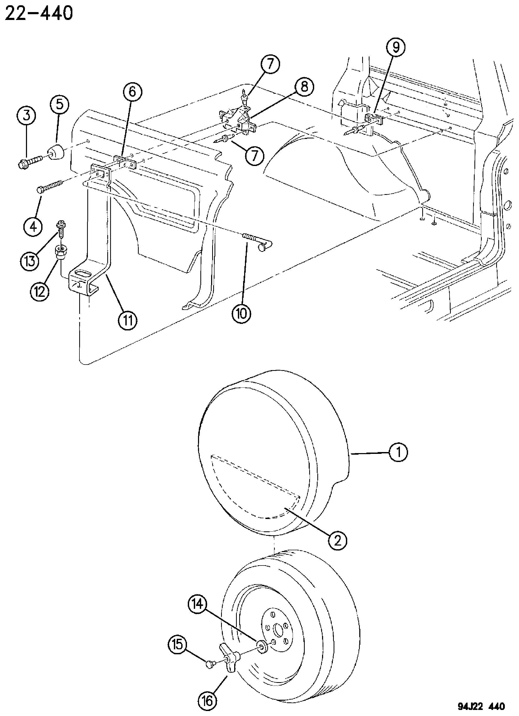 Exploded view: WHEEL, SPARE INSIDE MOUNTING XJ BODY RHD