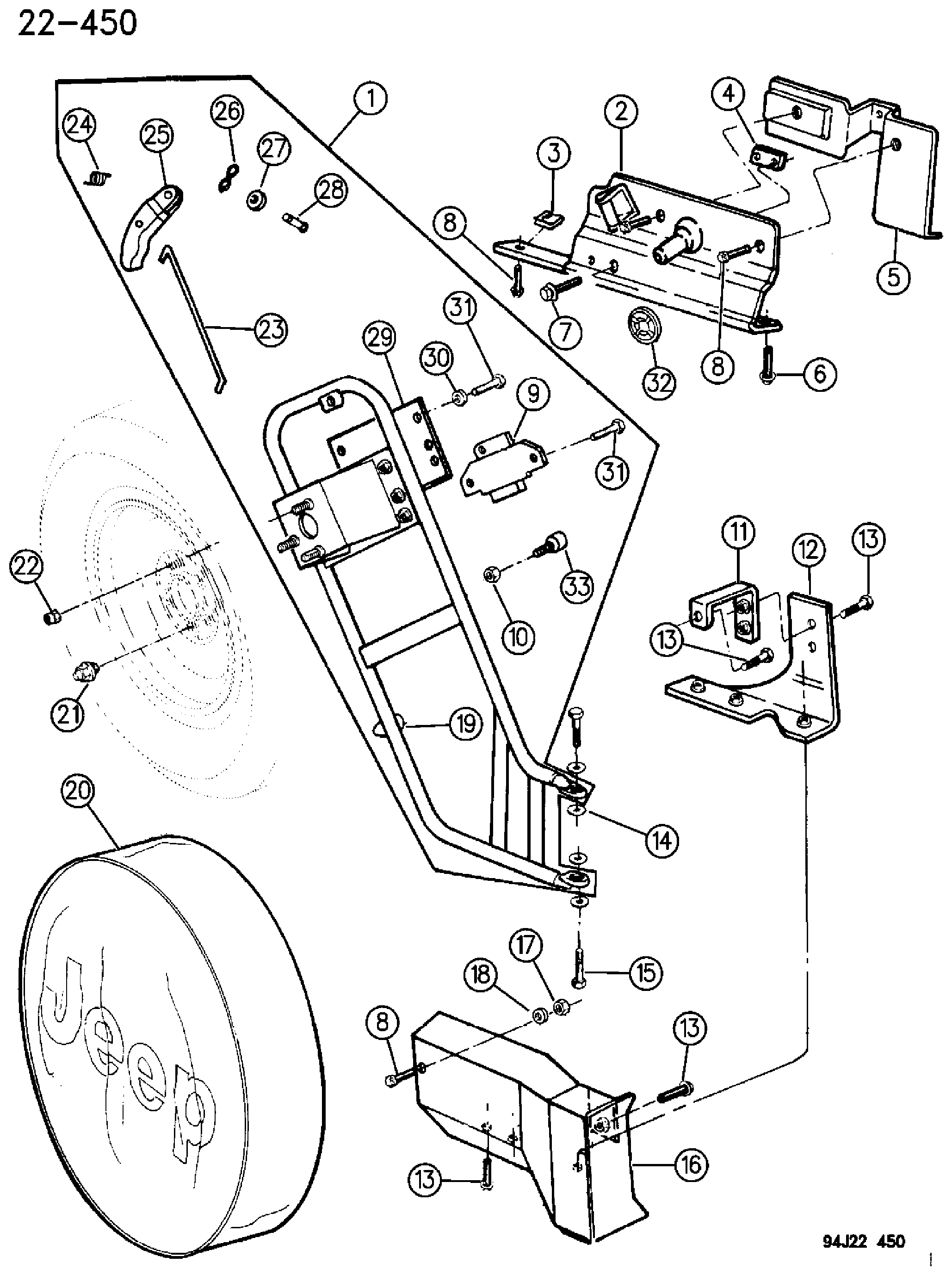 Exploded view: WHEEL, SPARE OUTSIDE MOUNTING, SWING AWAY XJ BODY