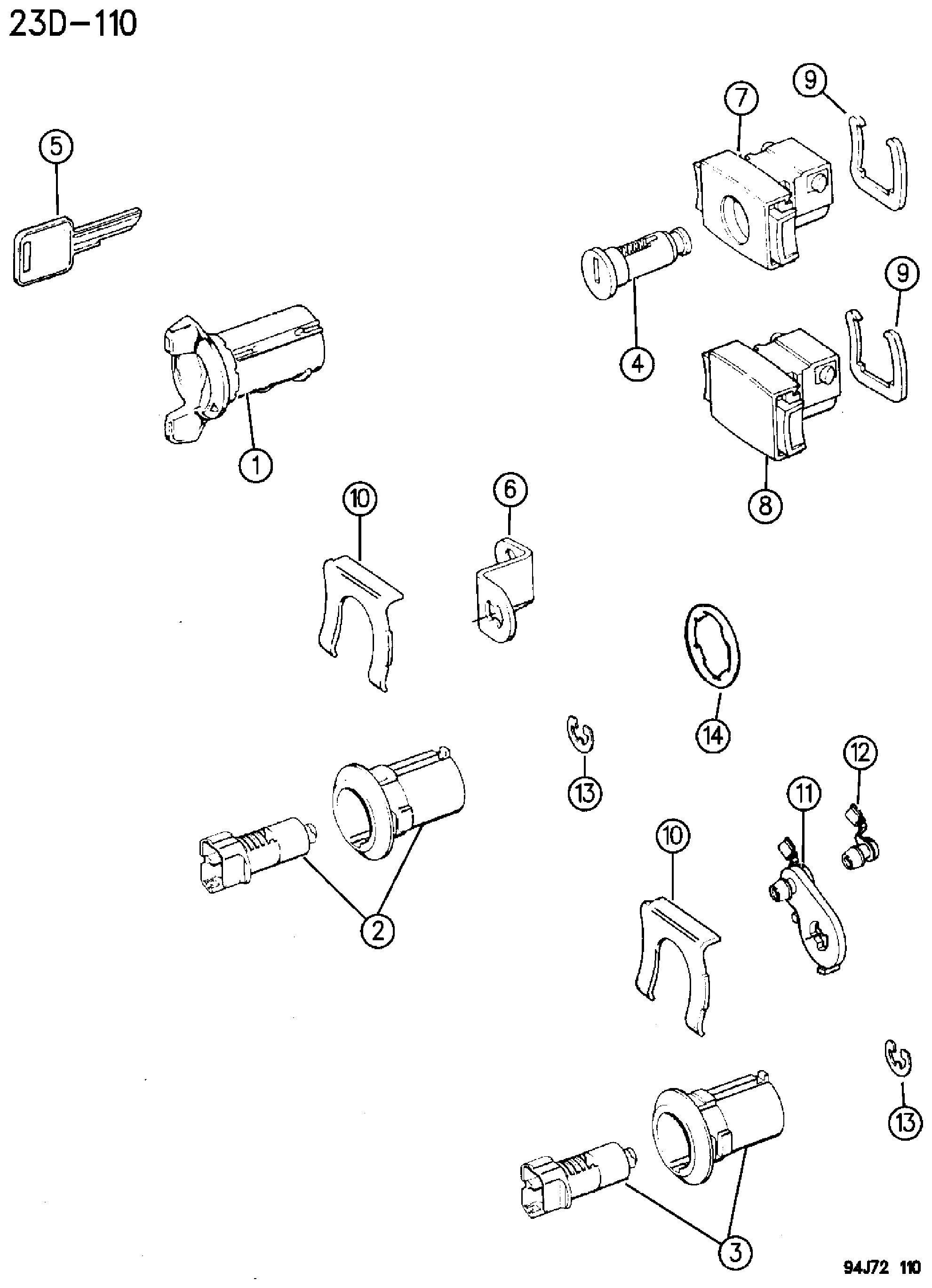 Exploded view: LOCK CYLINDERS AND KEYS WRANGLER YJ