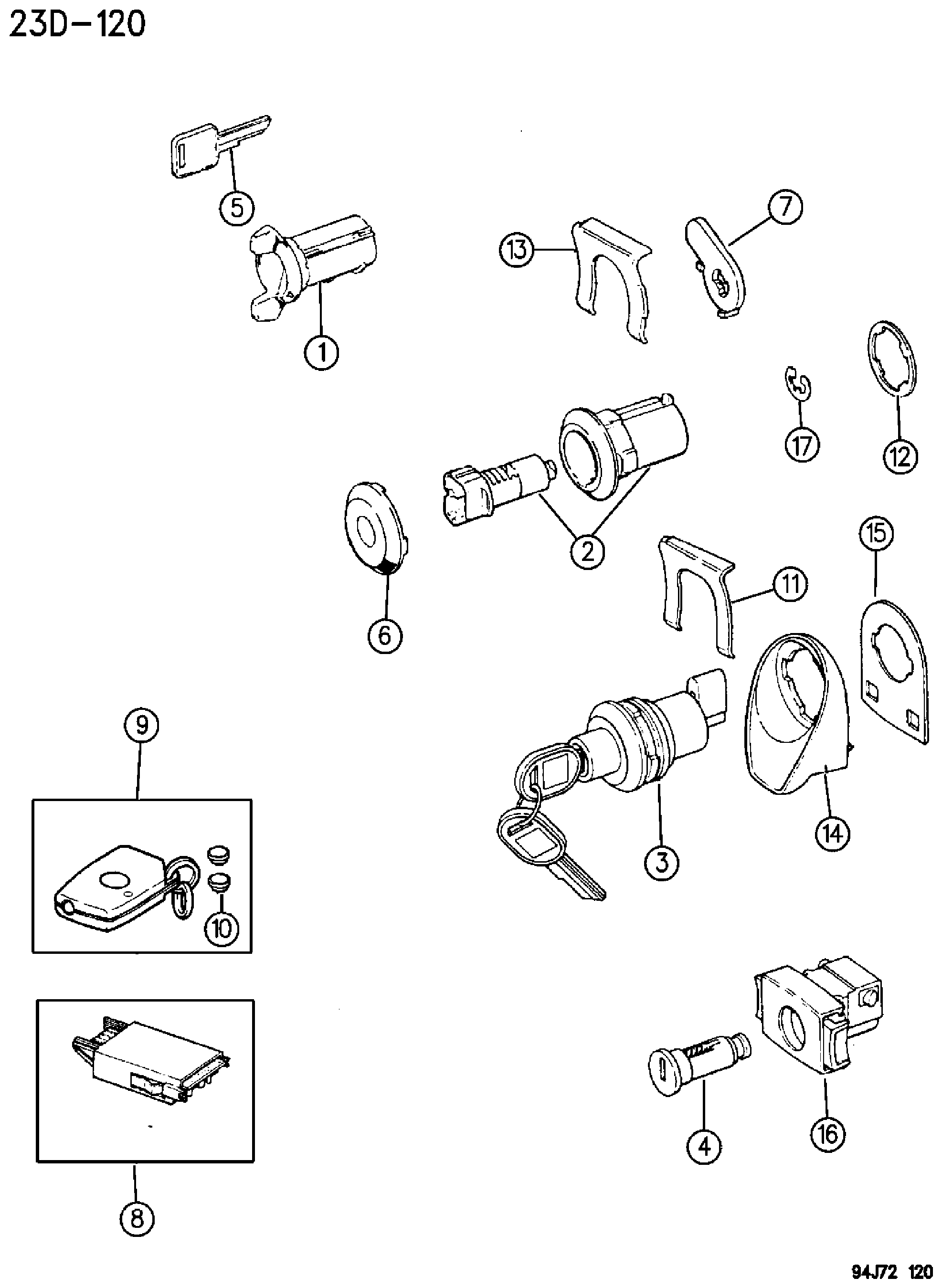 Exploded view: LOCK CYLINDERS AND KEYS CHEROKEE XJ
