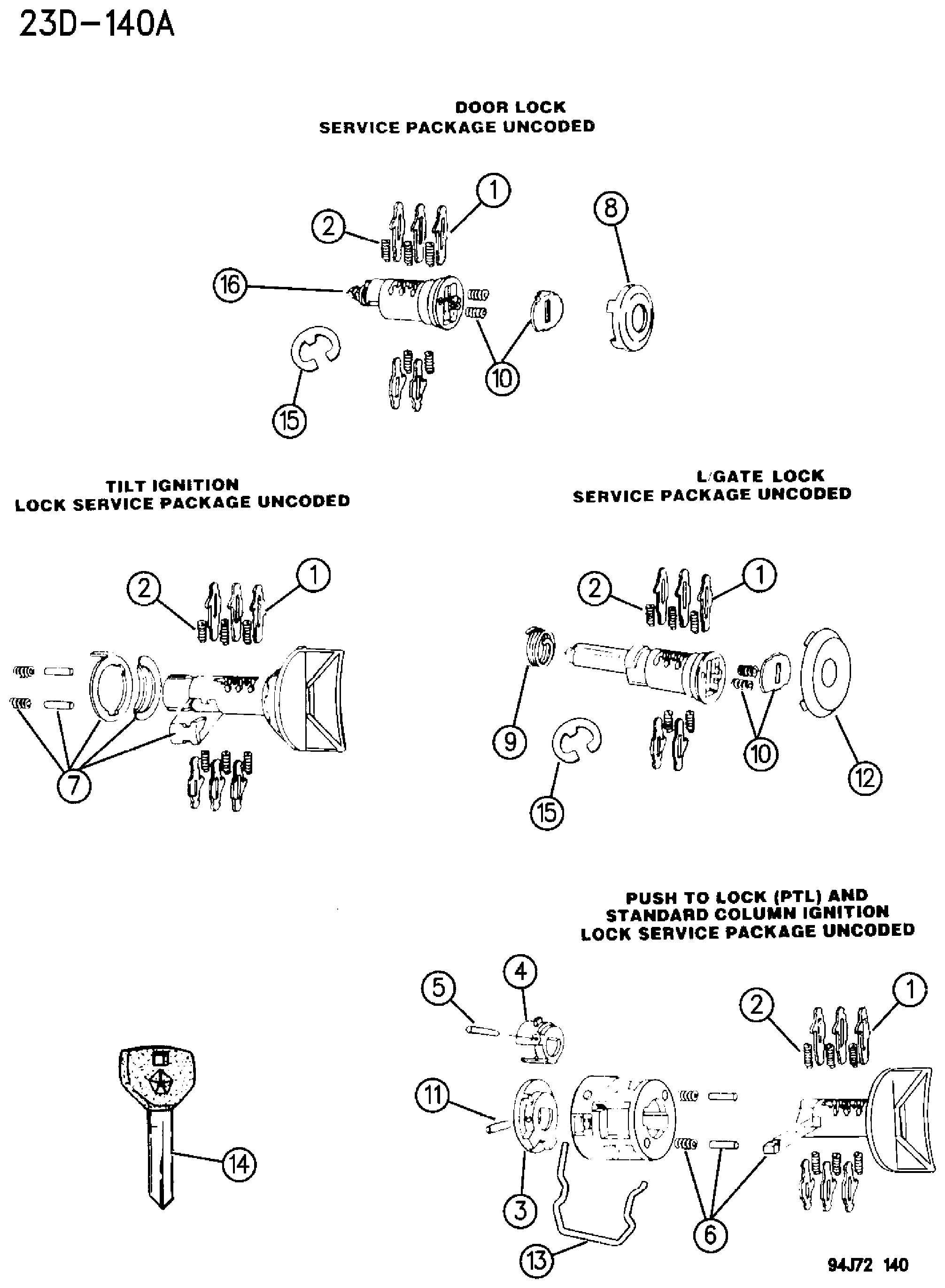 Exploded view: DOUBLE BITTED LOCK CYLINDER REPAIR COMPONENTS WRANGLER YJ, CHEROKEE XJ, GRAND CHEROKEE ZJ