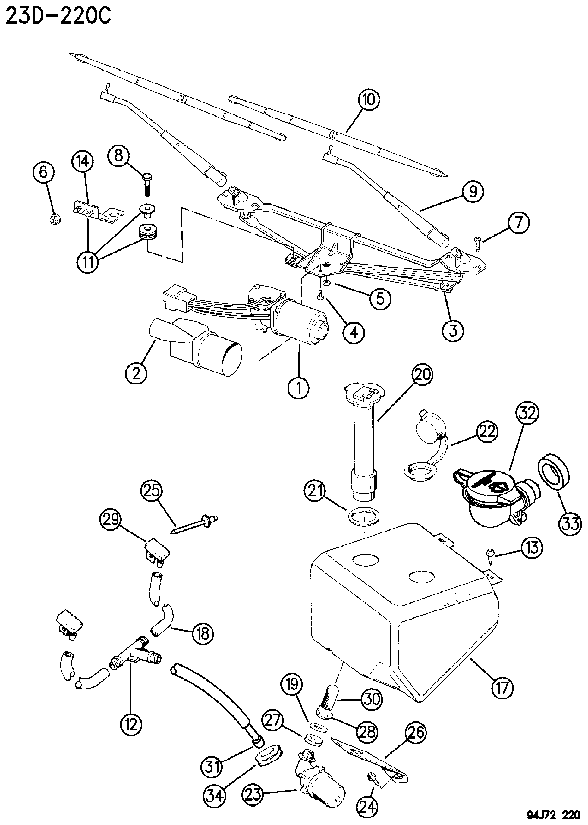 Exploded view: WINDSHIELD WIPER AND WASHER CHEROKEE XJ
