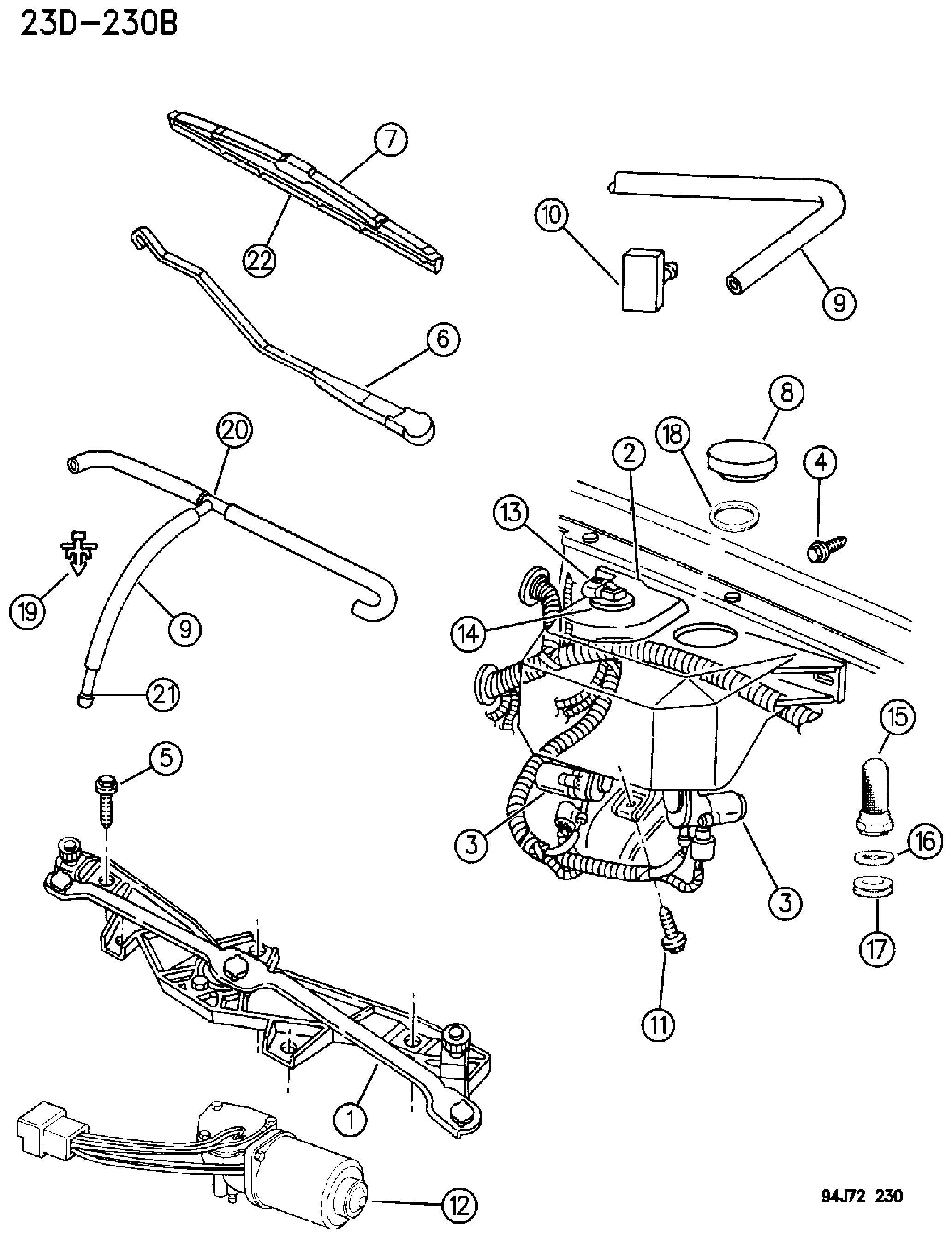 Exploded view: WINDSHIELD WIPER AND WASHER GRAND CHEROKEE ZJ