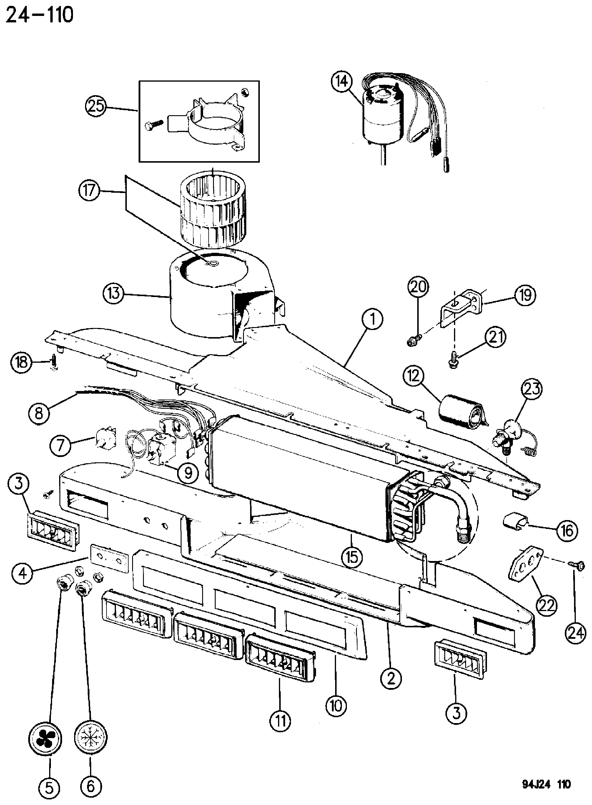 Exploded view: EVAPORATOR AND BLOWER, AIR CONDITIONING YJ BODY
