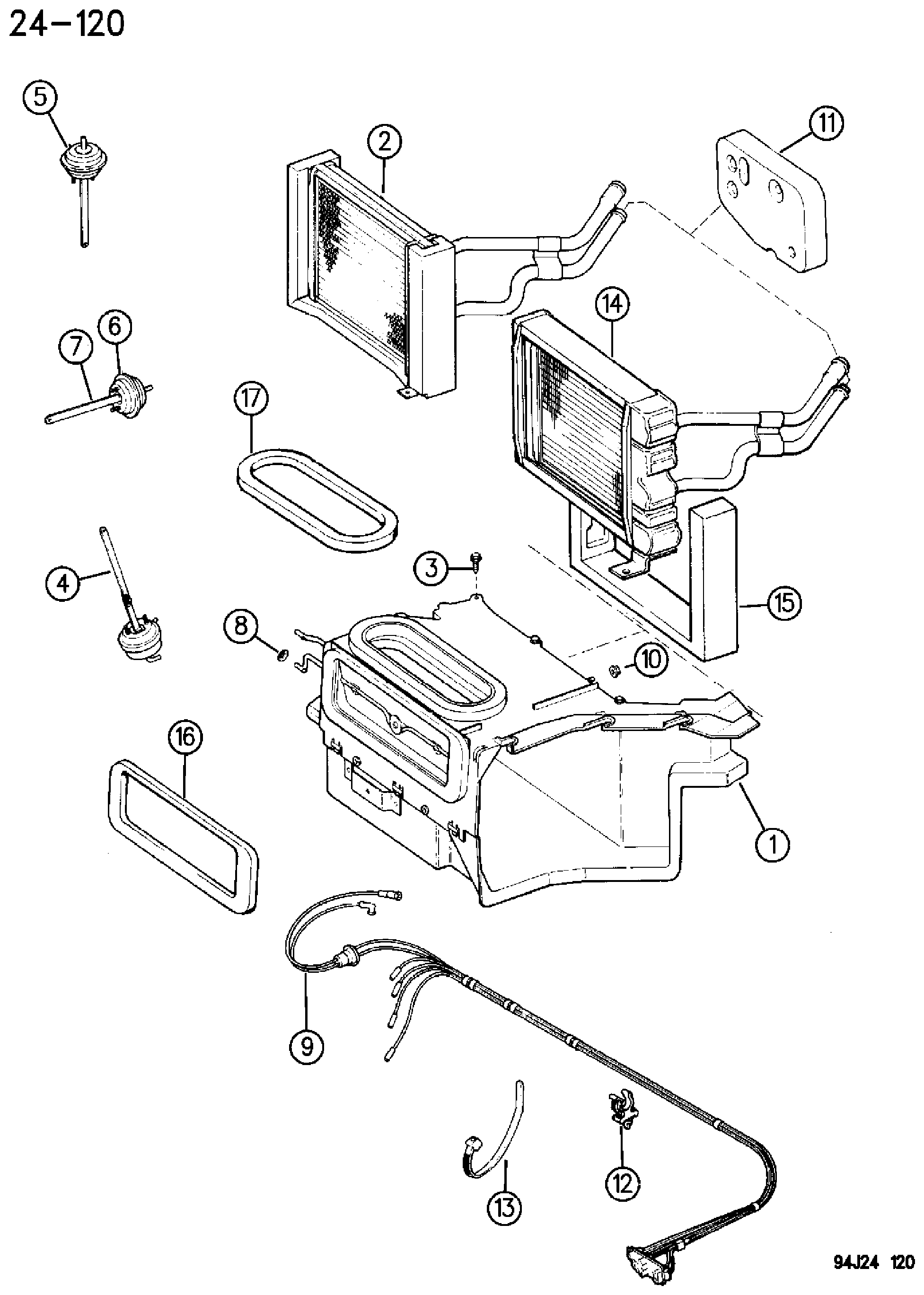 Exploded view: HOUSING AND CORE, HEATER XJ BODY