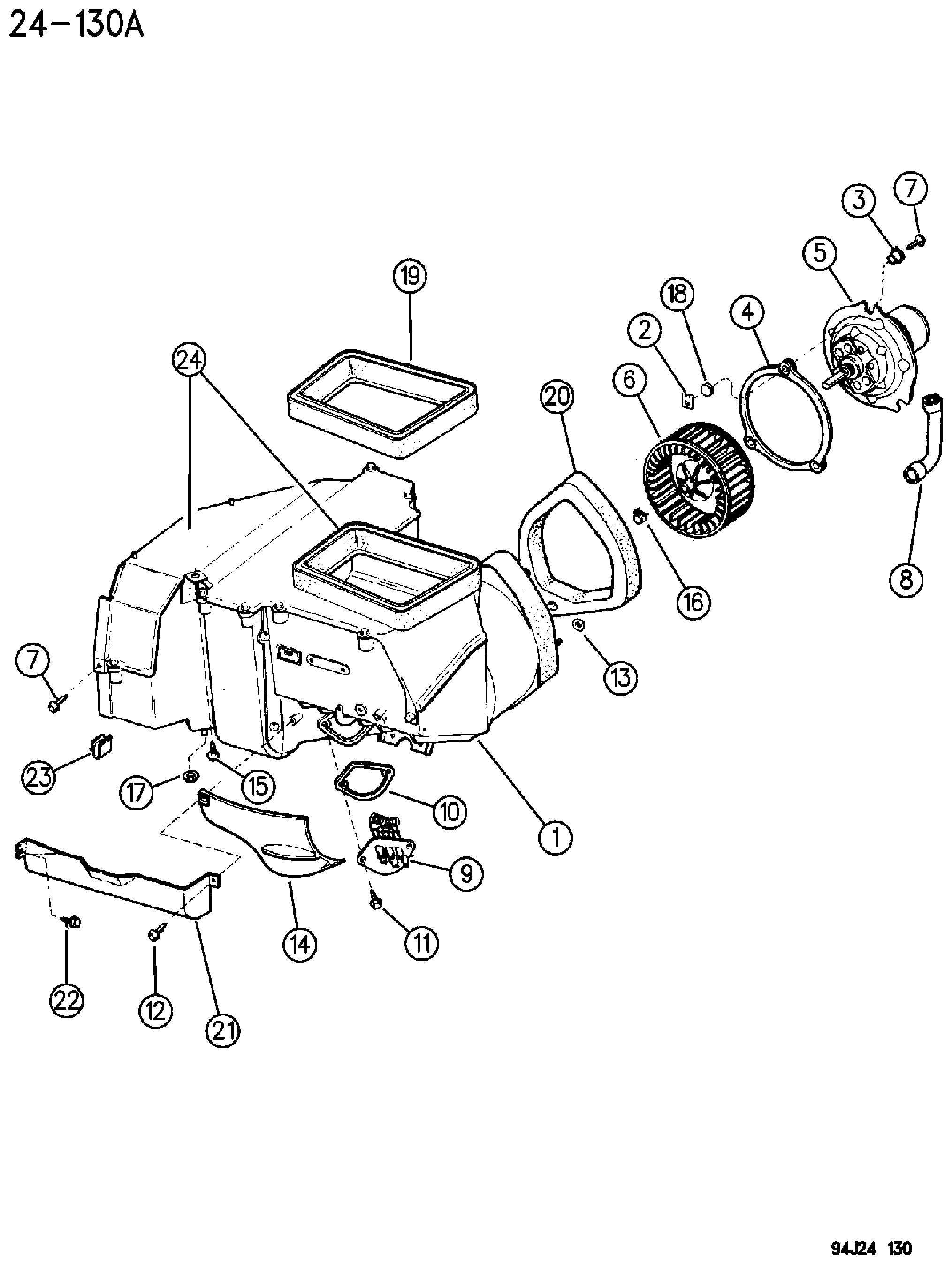 Exploded view: BLOWER MOTOR AND HOUSING HEATER AND AIR CONDITIONING XJ BODY