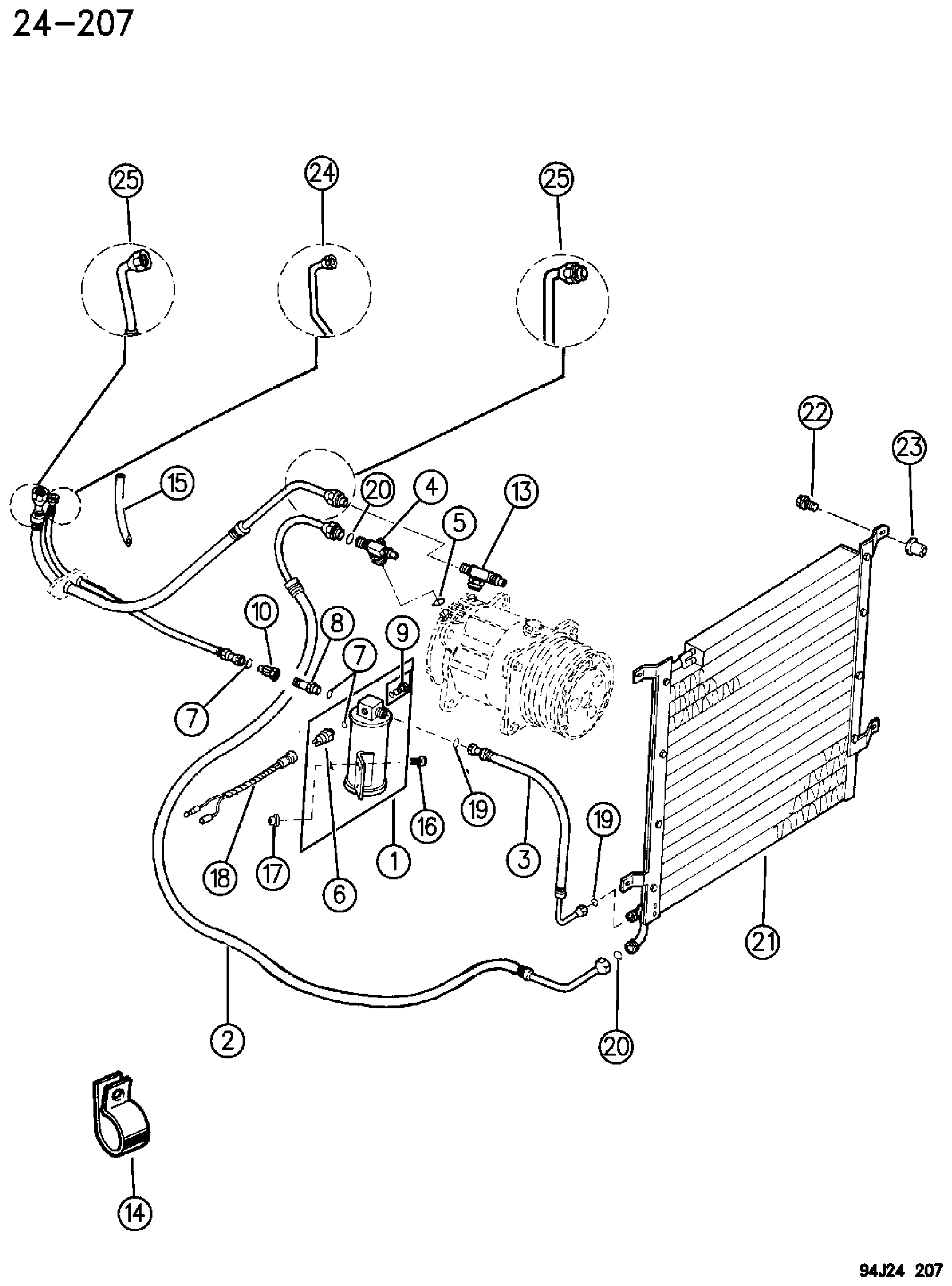 Exploded view: RECEIVER DRIER AND LINES YJ BODY
