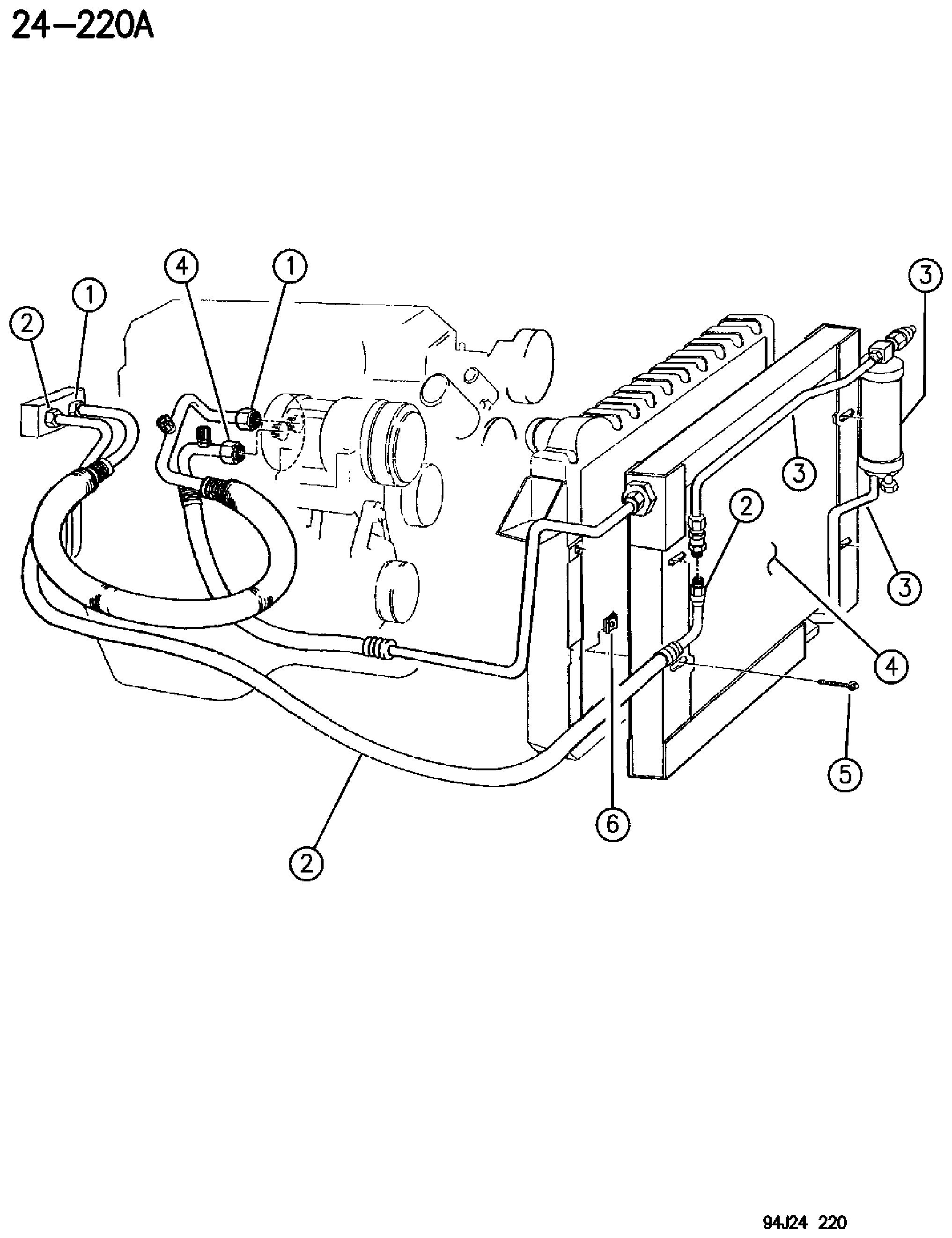Exploded view: RECEIVER DRIER, CONDENSOR AND LINES 2.5L ENGINE XJ BODY 1994-95