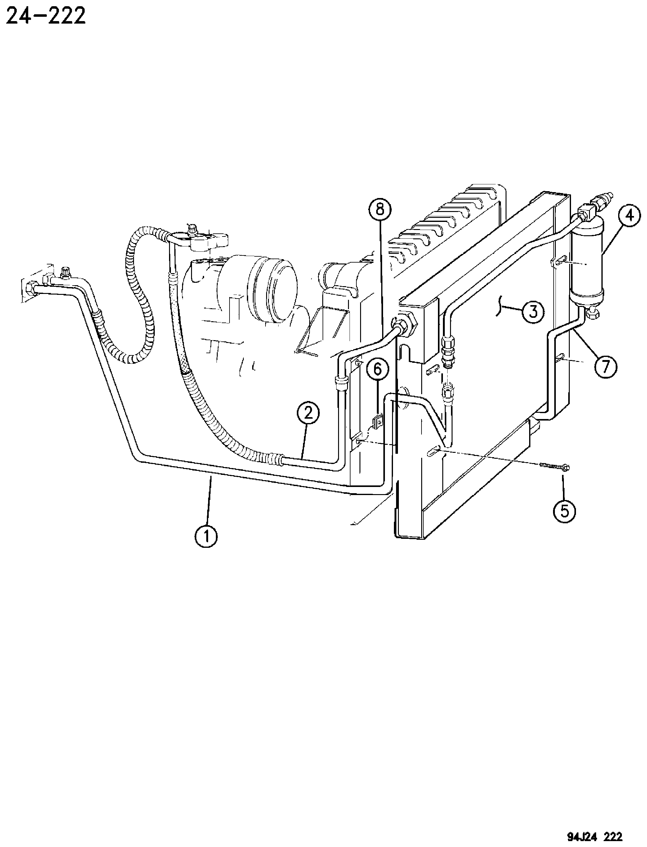 Exploded view: RECEIVER DRIER, CONDENSOR AND LINES 2.5L ENGINE XJ BODY 1996