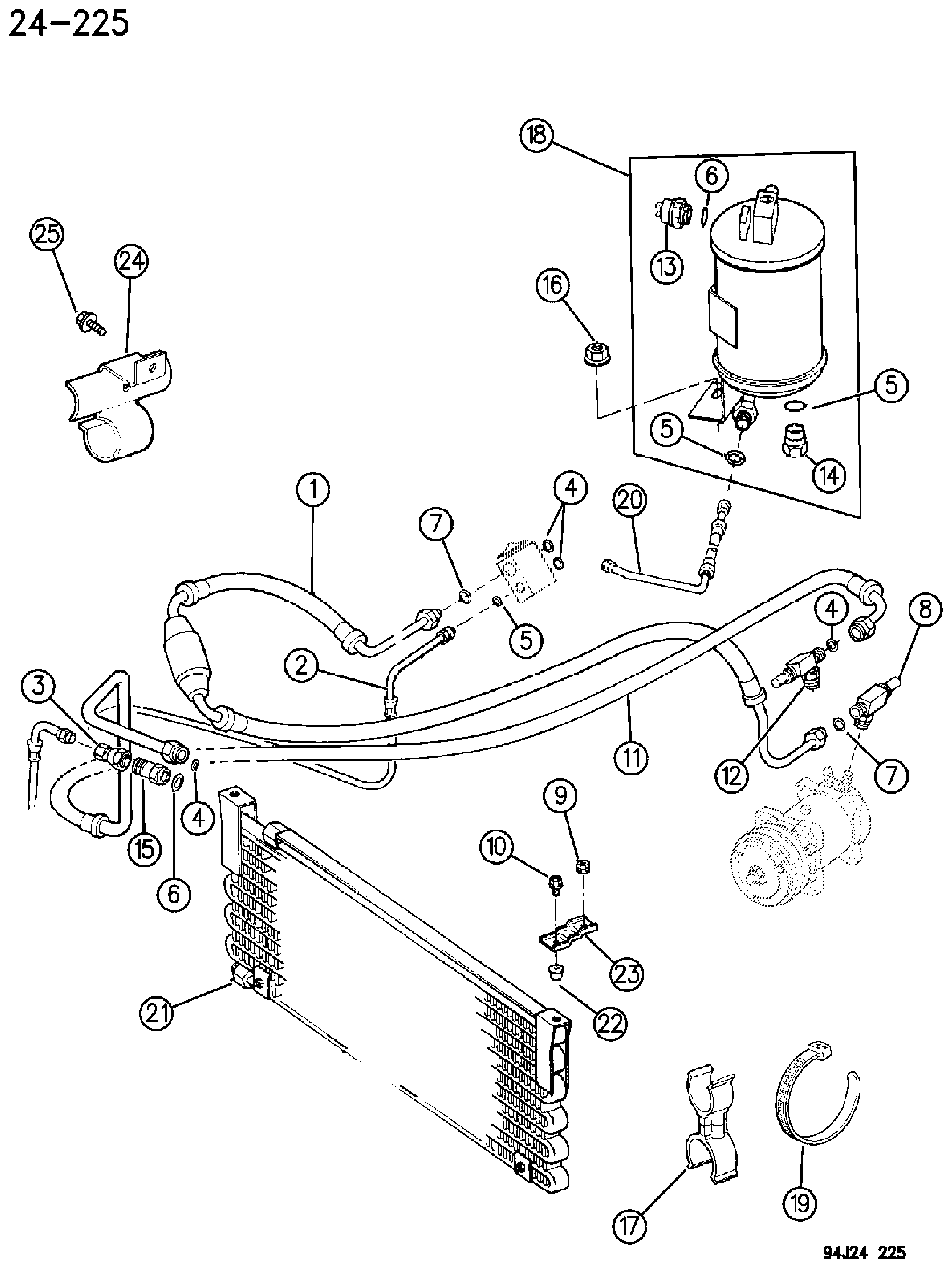 Exploded view: RECEIVER DRIER, CONDENSOR AND LINES 4.0L ENGINE XJ BODY 1994-95