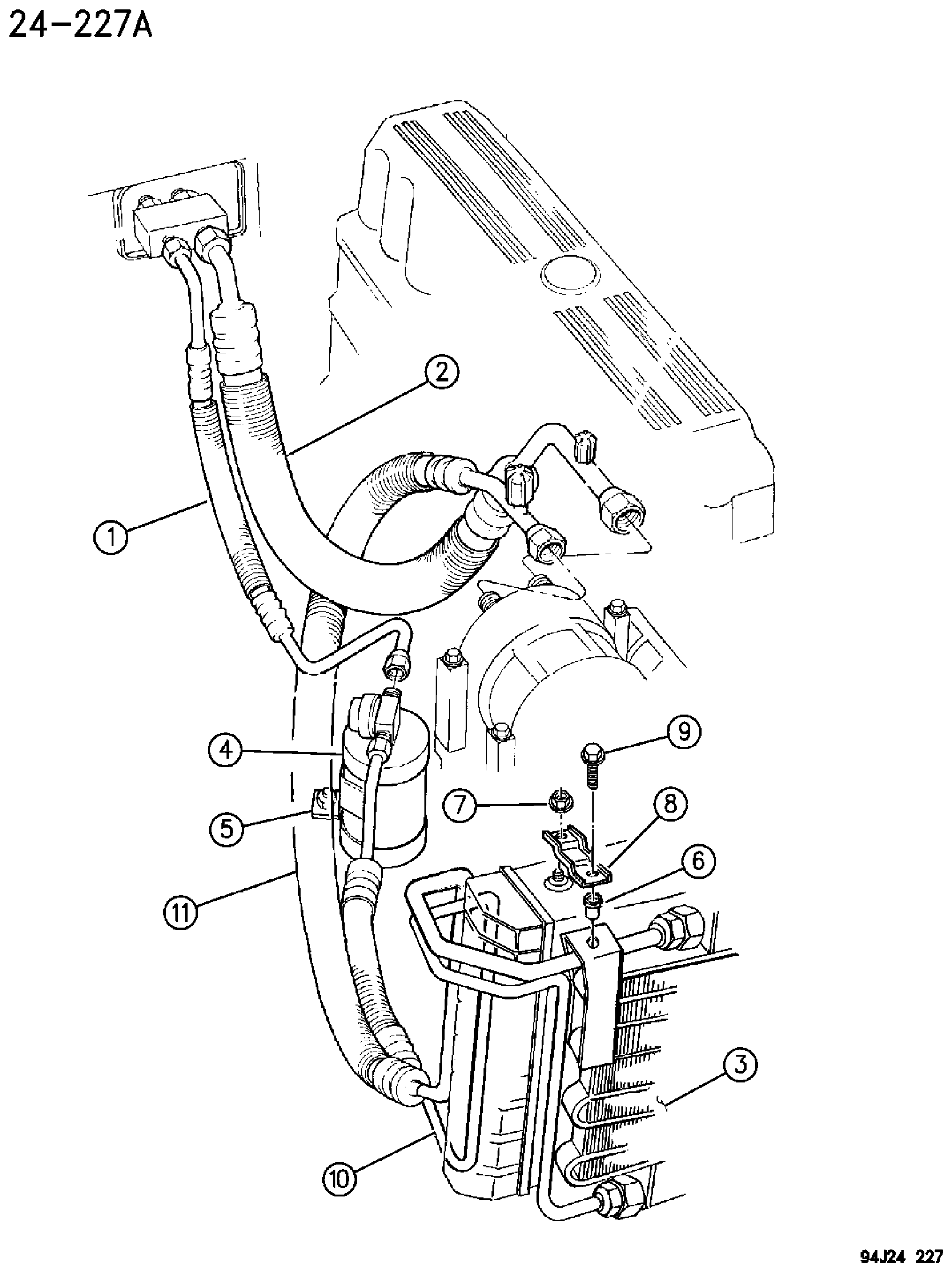 Exploded view: RECEIVER DRIER, CONDENSOR AND LINES 4.0L ENGINE XJ BODY 1996