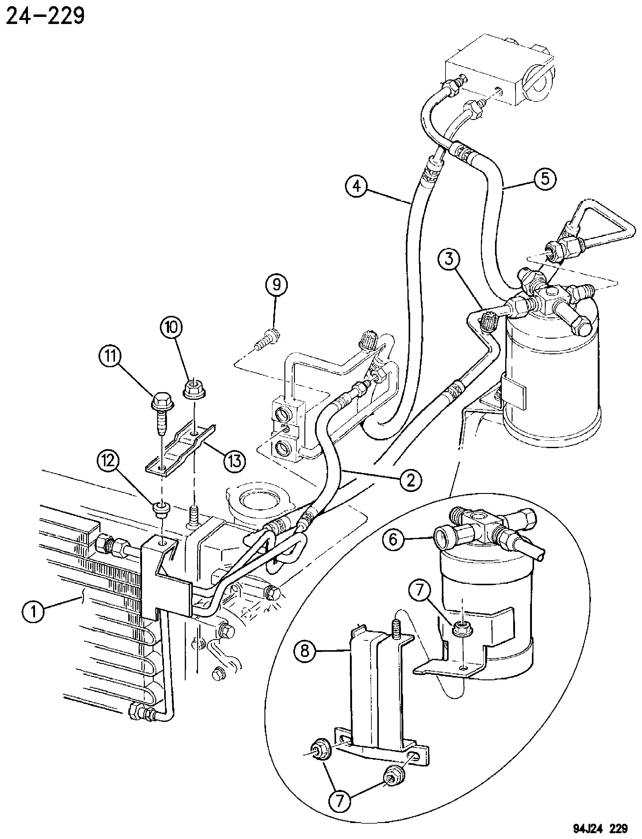 Exploded view: RECEIVER DRIER, CONDENSOR AND LINES 4.0L ENGINE XJ BODY (RHD) 1996