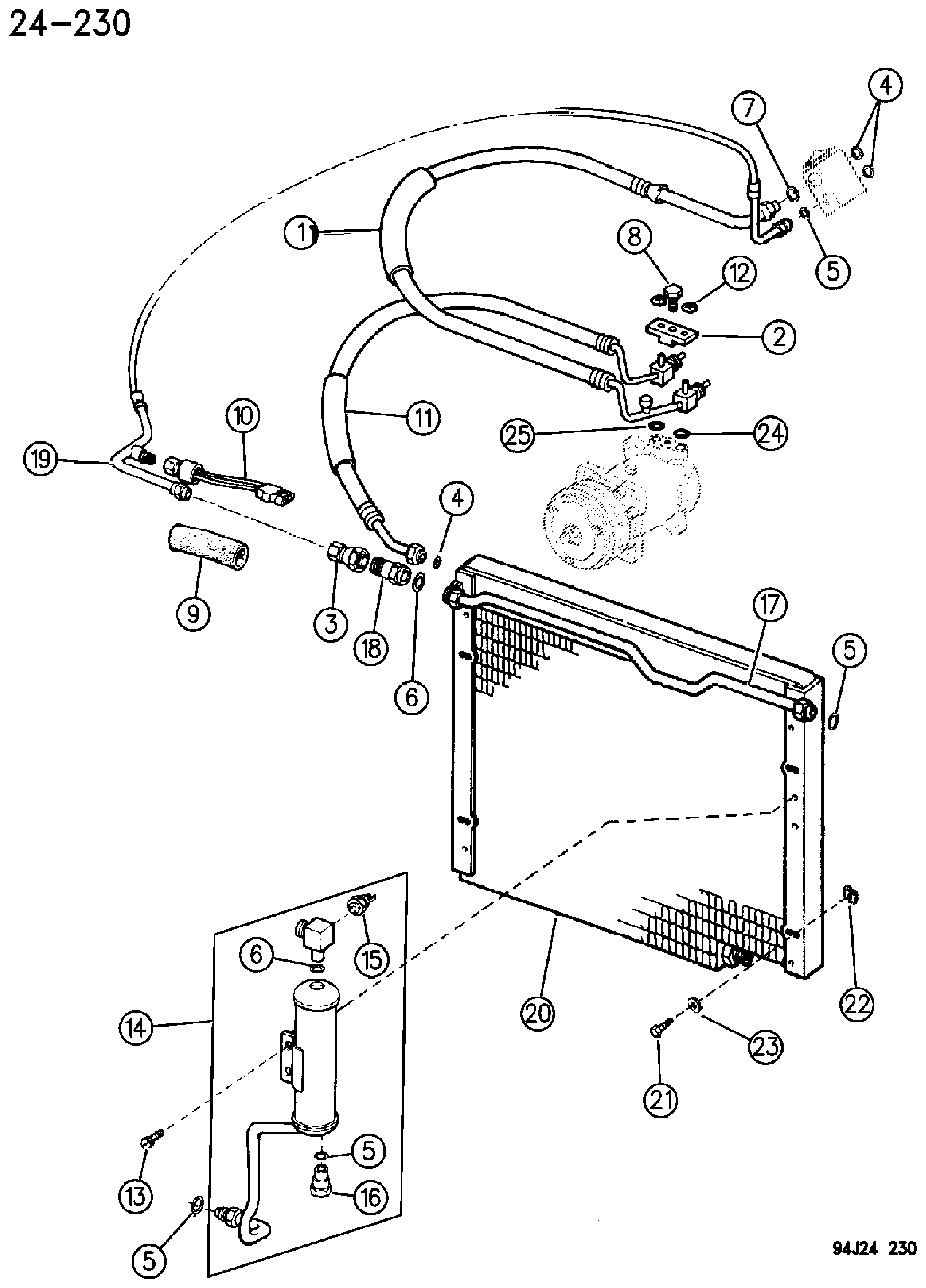 Exploded view: RECEIVER DRIER, CONDENSER AND LINES 2.1 DIESEL ENGINE XJ BODY 1994