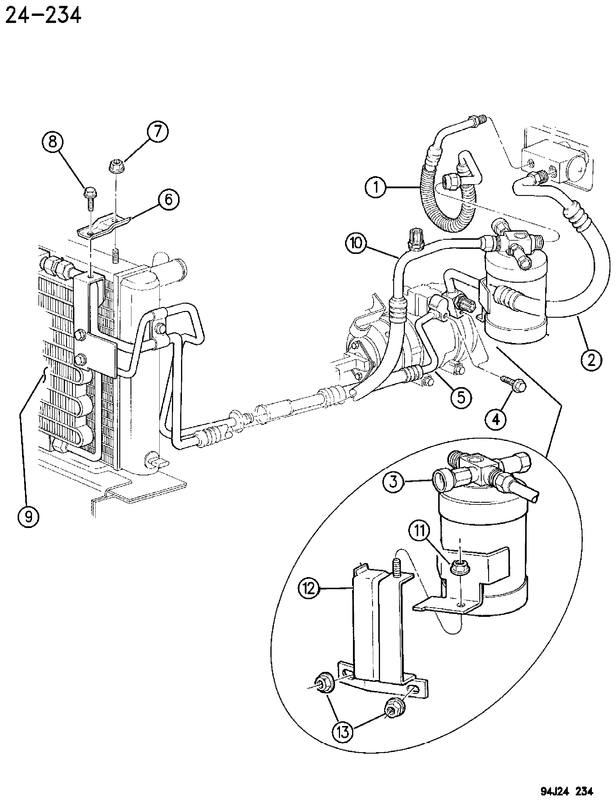 Exploded view: RECEIVER DRIER, CONDENSOR AND LINES 2.5L DIESEL ENGINE XJ BODY RHD