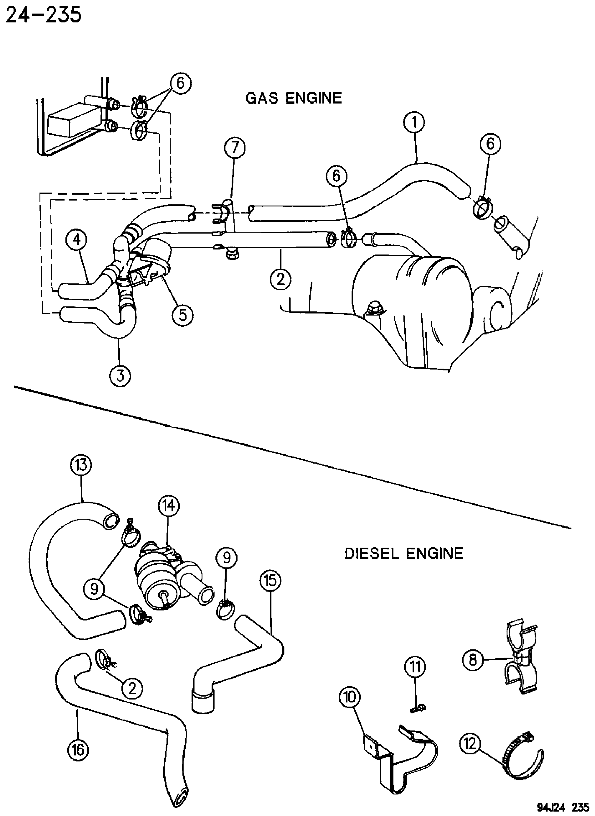 Exploded view: HOSES, HEATER 2.5L GAS AND DIESEL ENGINES XJ BODY