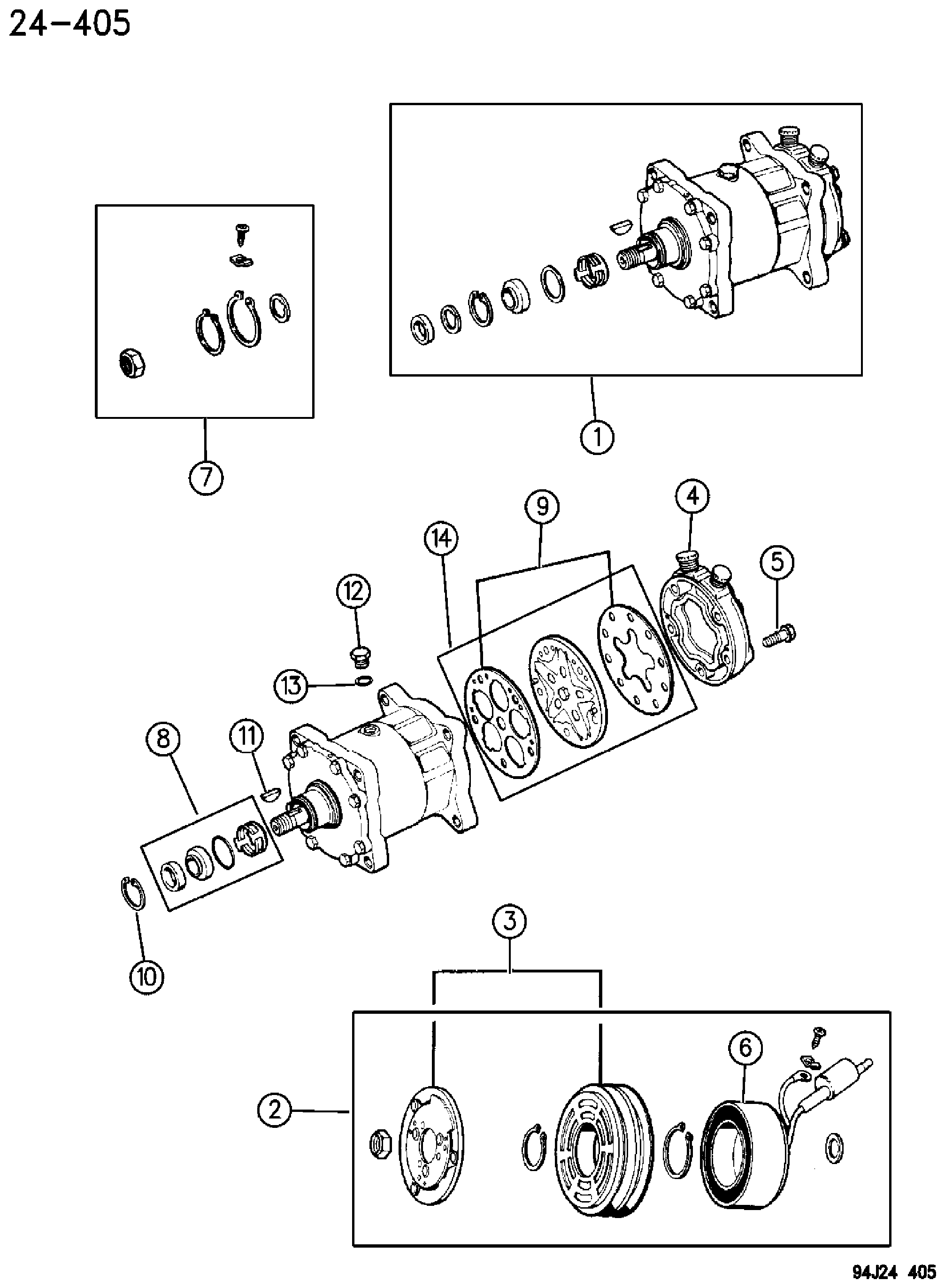 Exploded view: COMPRESSOR, AIR CONDITIONING YJ BODY