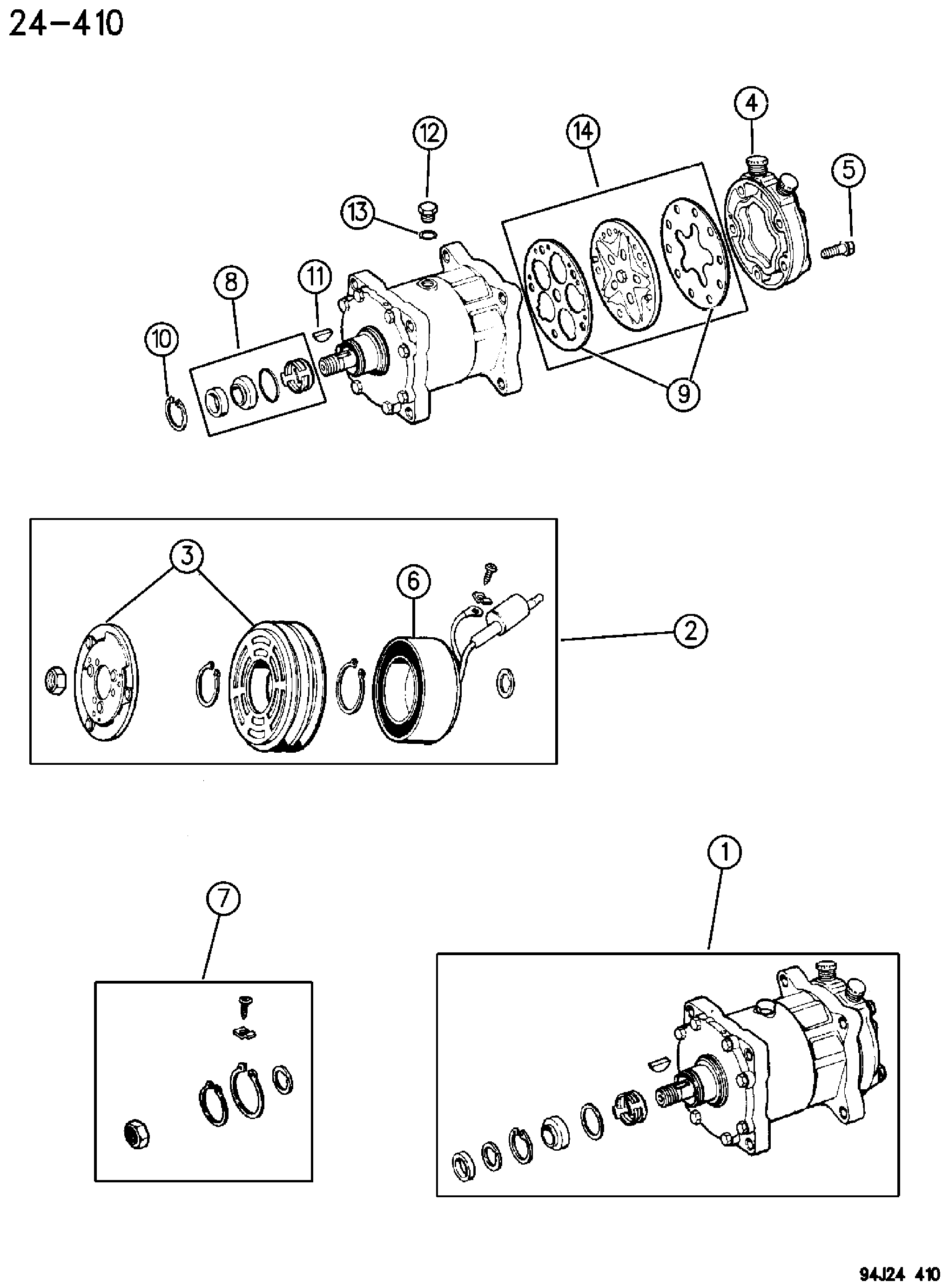 Exploded view: COMPRESSOR, AIR CONDITIONING EXCEPT 2.5L DIESEL ENGINE XJ BODY