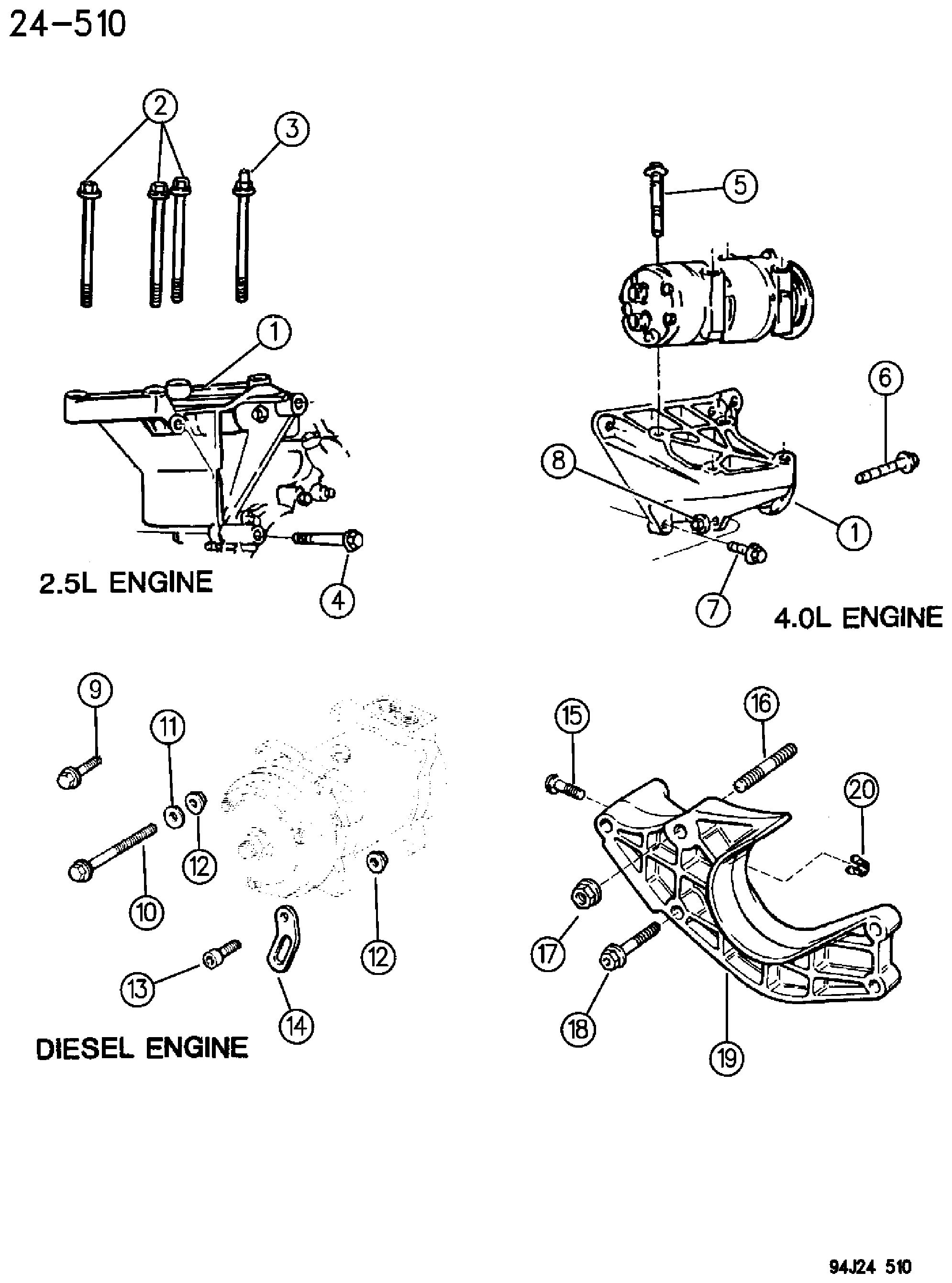 Exploded view: COMPRESSOR MOUNTING YJ,XJ BODY