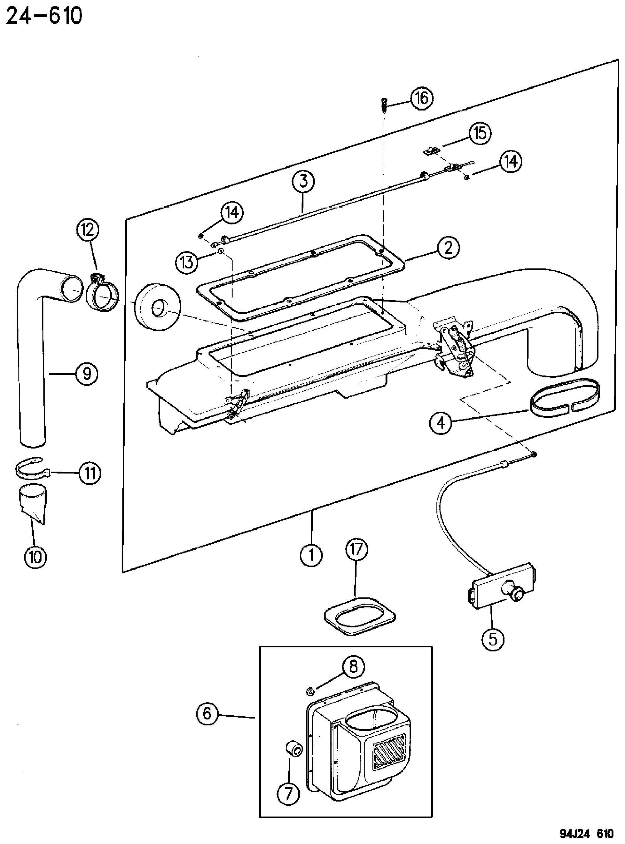 Exploded view: AIR DUCT AND OUTLET, FRESH AIR W/O HEATER EUROPE, MIDEAST, KDX YJ BODY