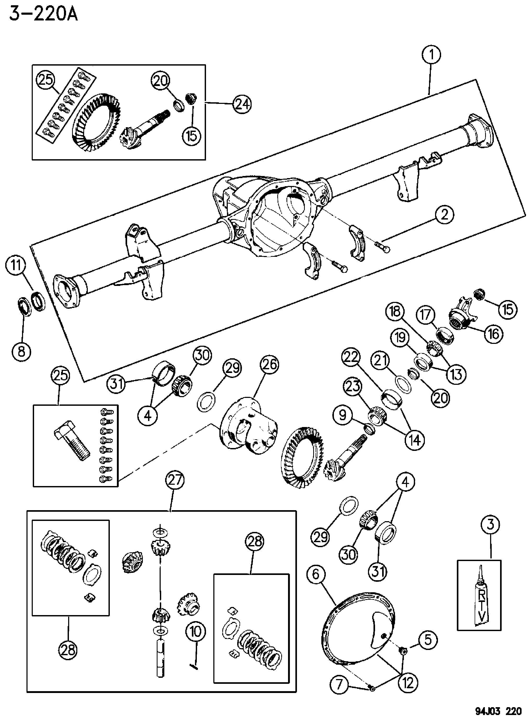 Exploded view: HOUSING AND DIFFERENTIAL, REAR AXLE DANA MODEL 35 W/LOCKING DIFFERENTIAL WRANGLER, (YJ)