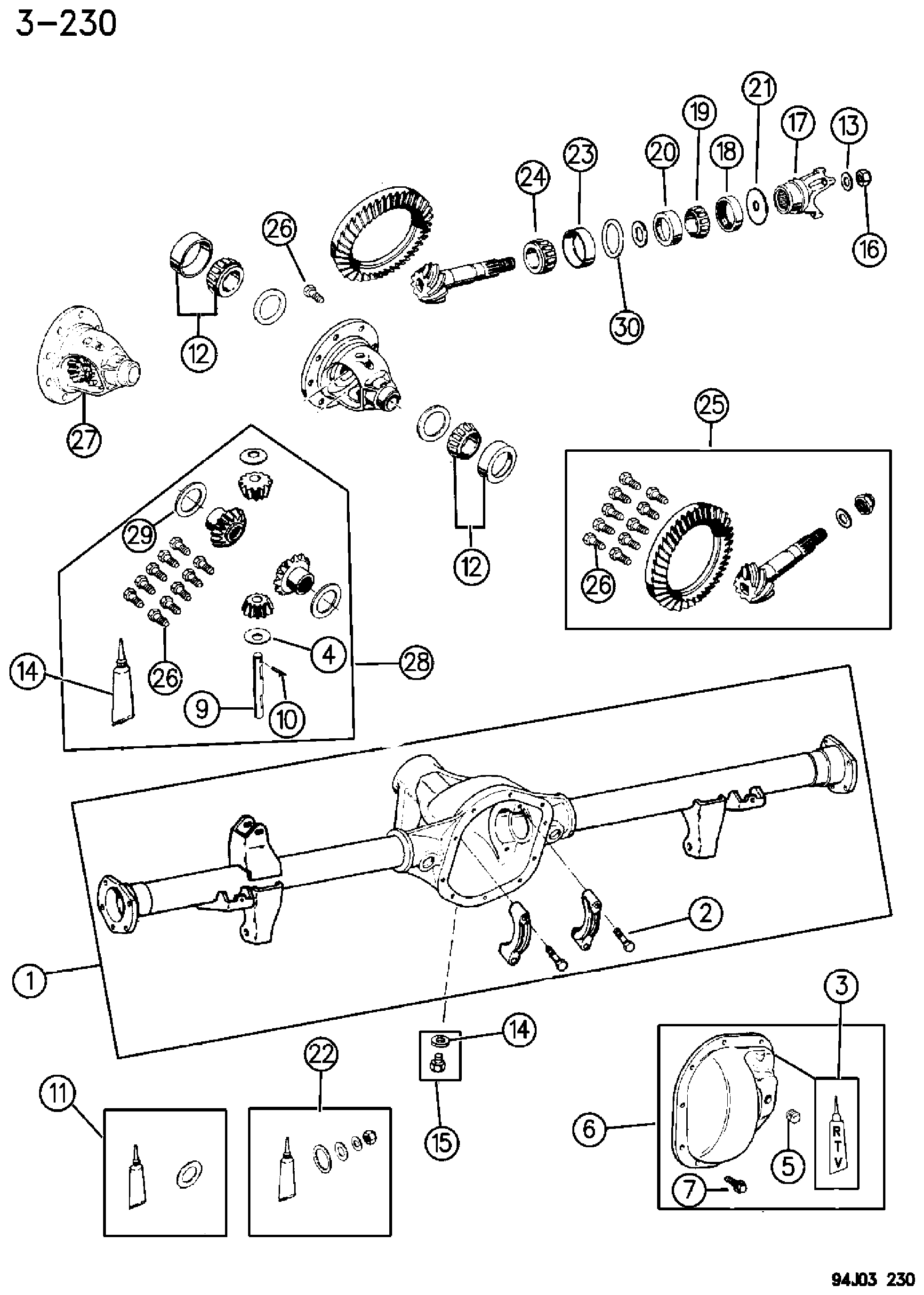 Exploded view: HOUSING AND DIFFERENTIAL, REAR AXLE DANA MODEL 44 KDX W/O LOCKING DIFFERENTIAL WRANGLER (YJ)