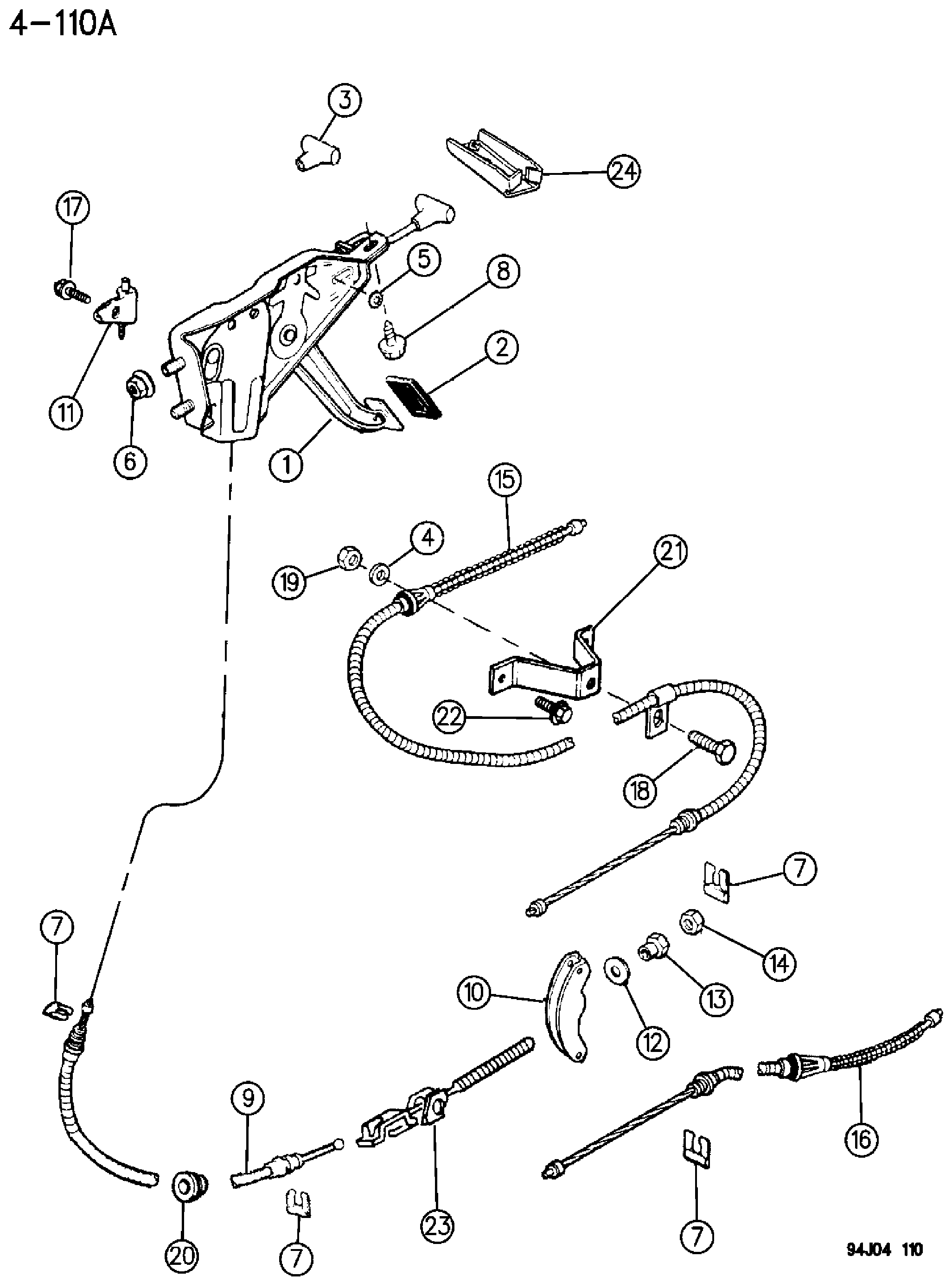 Exploded view: LEVER ASSEMBLY AND CABLES PARKING BRAKE WRANGLER, YJ