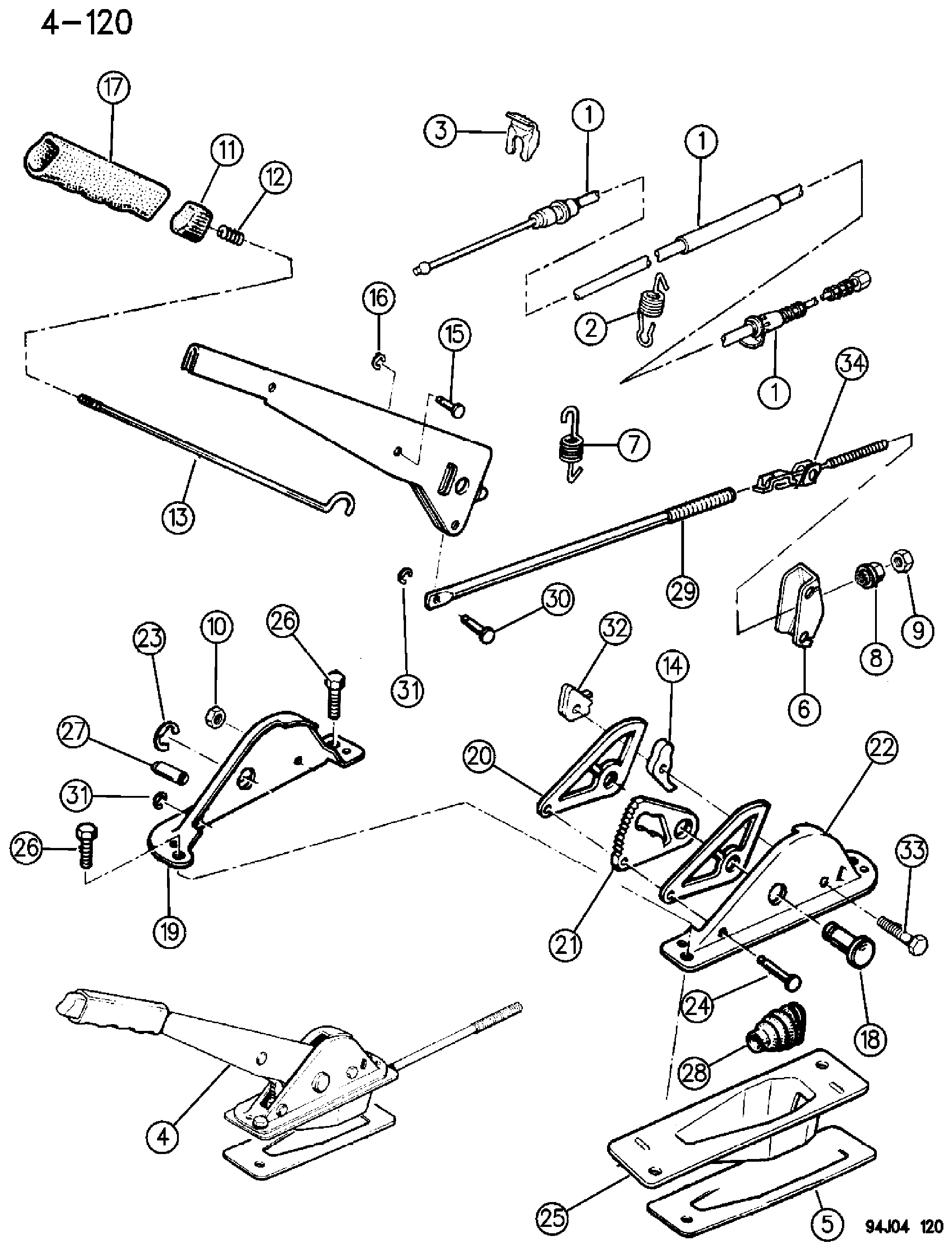 Exploded view: LEVER ASSEMBLY AND CABLES PARKING BRAKE CHEROKEE