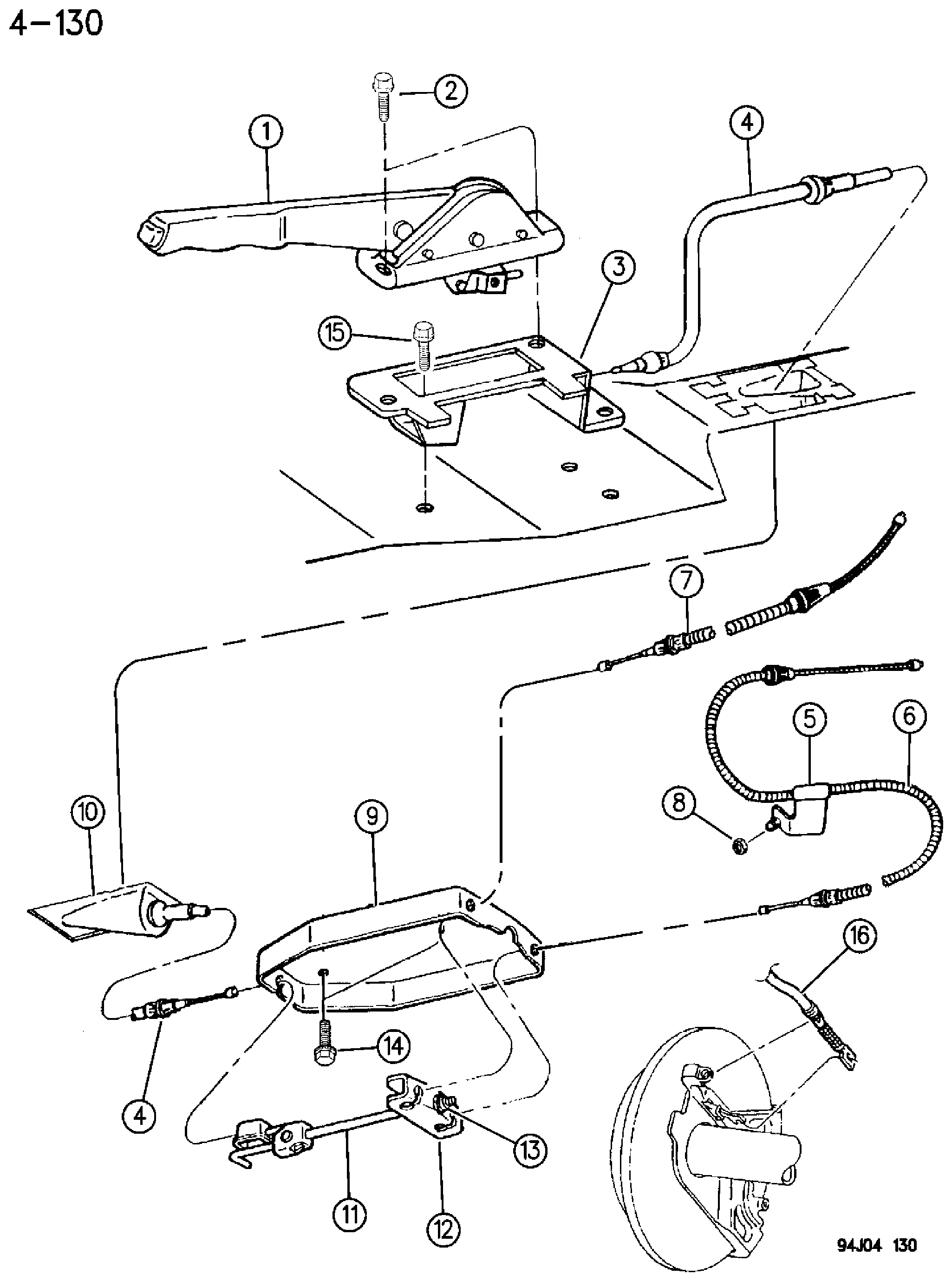 Exploded view: LEVER ASSEMBLY AND CABLES PARKING BRAKE GRAND CHEROKEE
