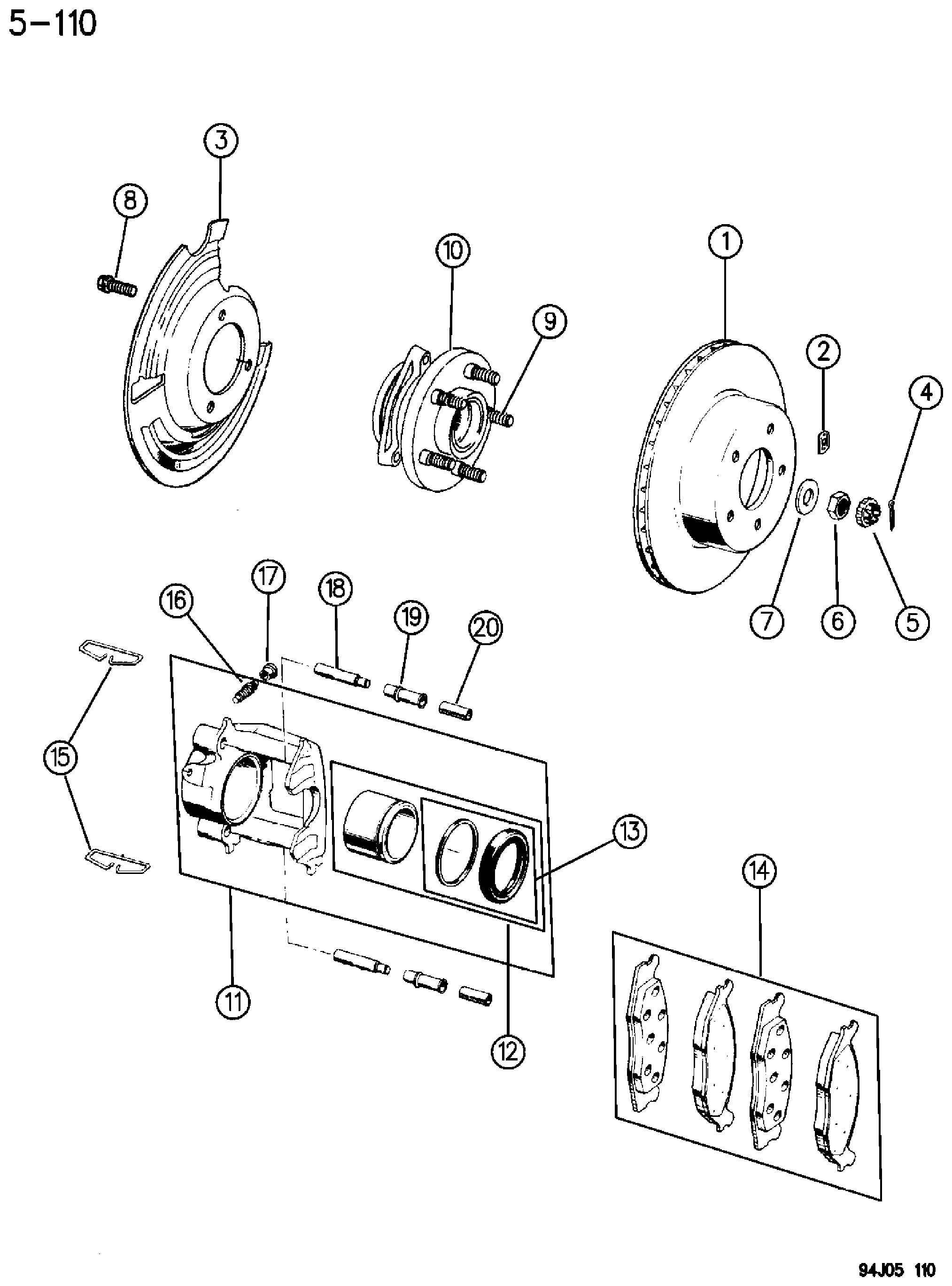 Exploded view: FRONT BRAKES WRANGLER, YJ
