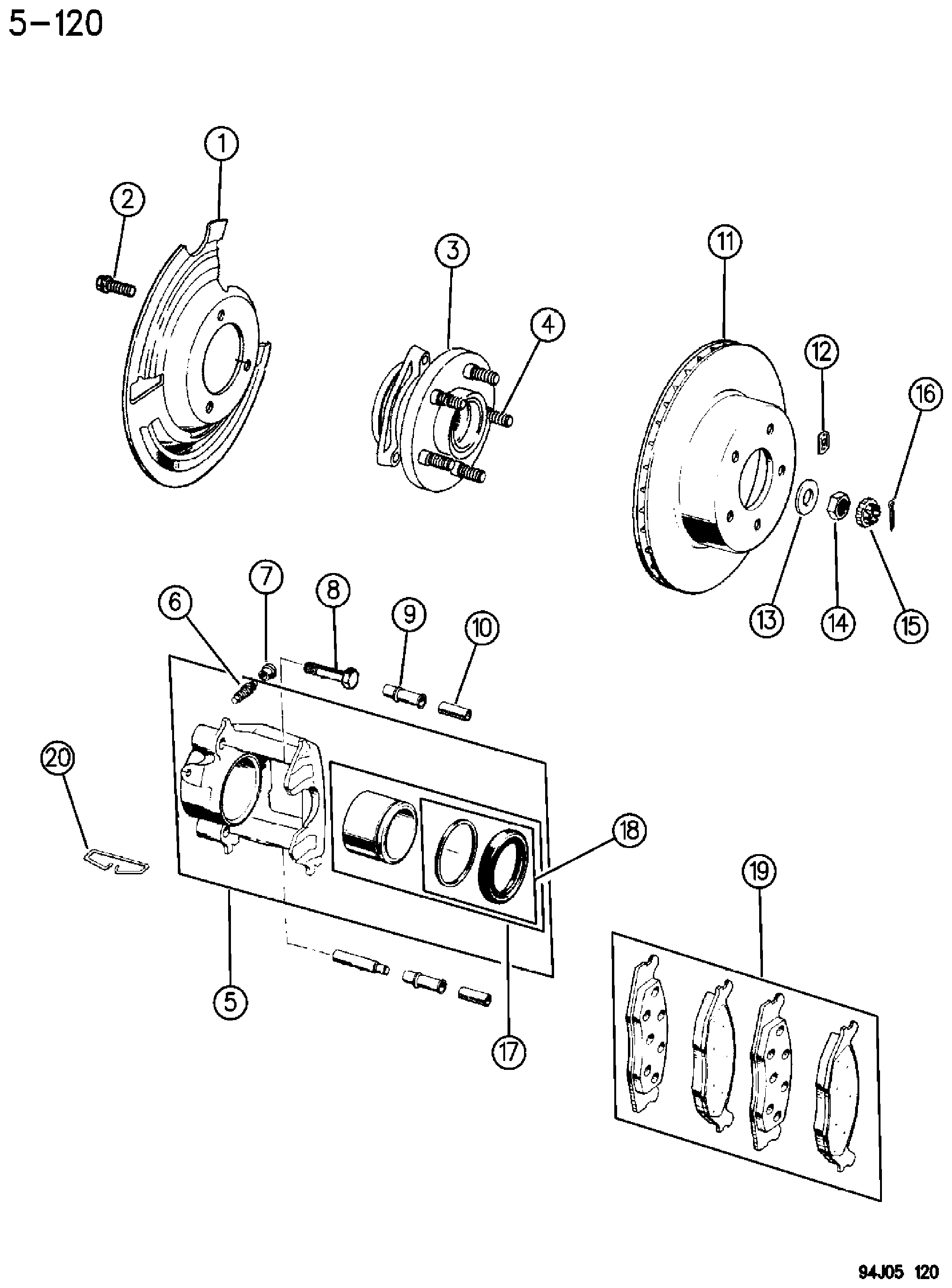 Exploded view: FRONT BRAKES CHEROKEE, GRAND CHEROKEE