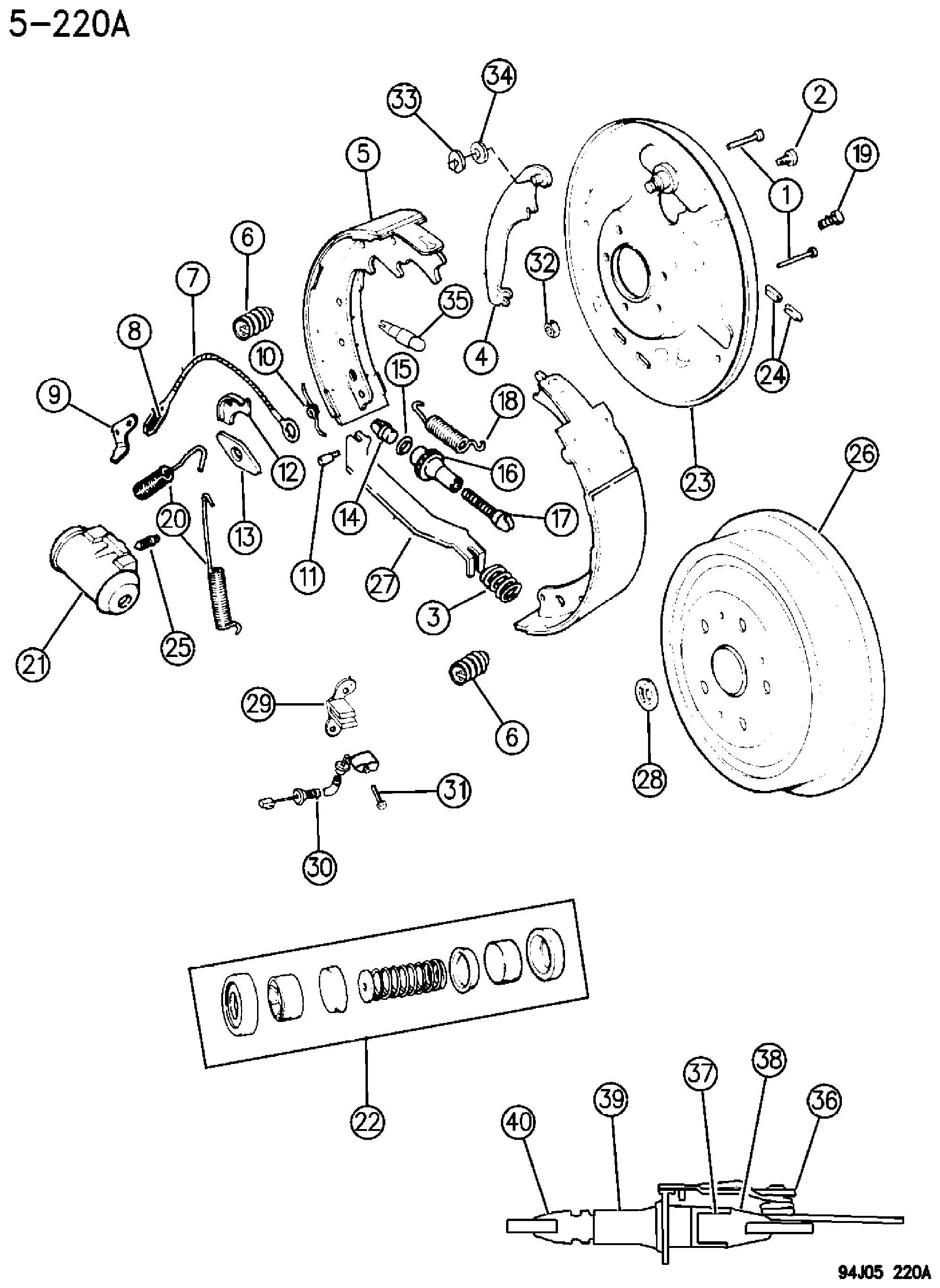 Exploded view: REAR DRUM BRAKES DANA MODEL 35 OR CHRYSLER 8 1/4 CHEROKEE, GRAND CHEROKEE