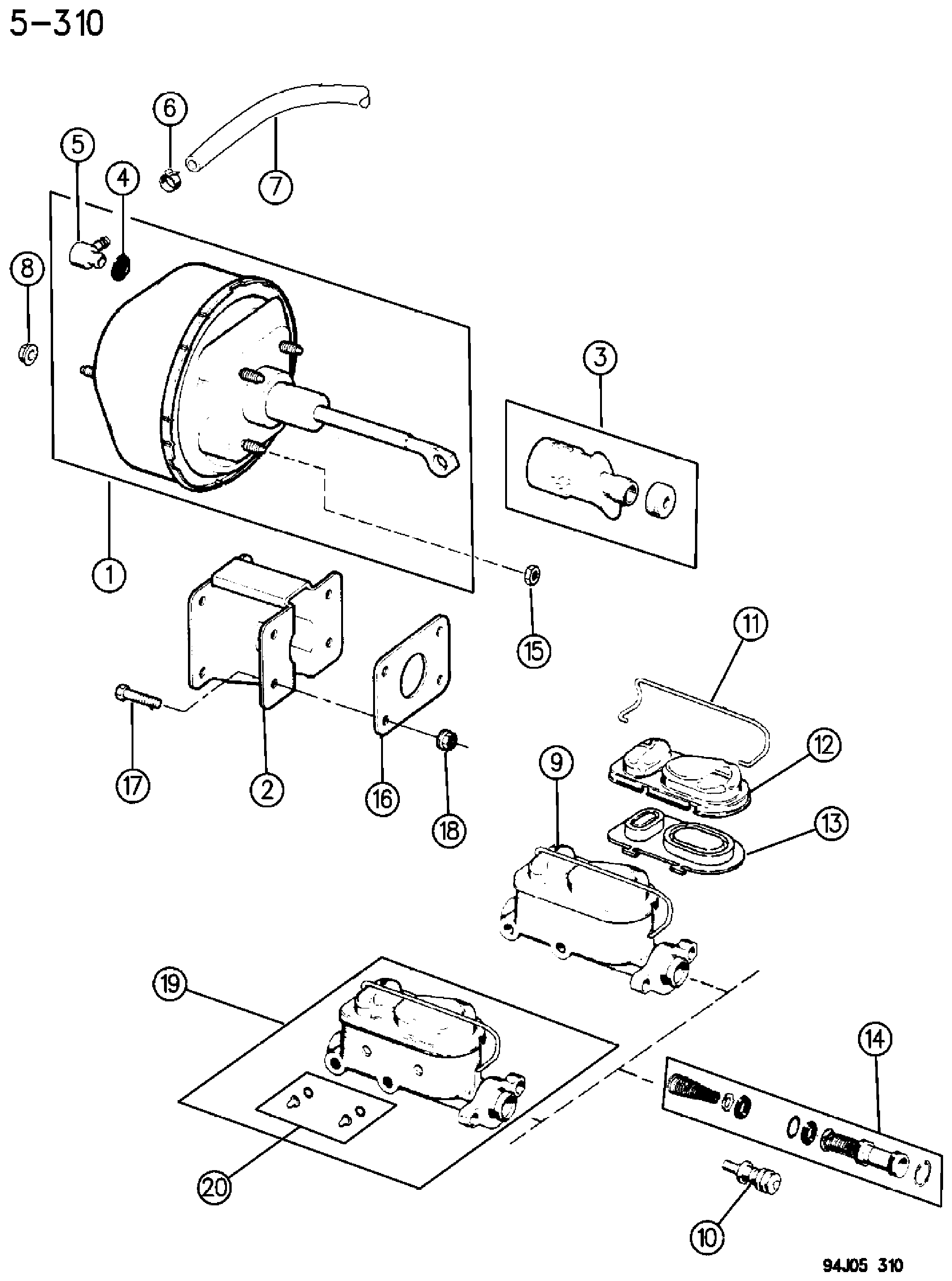 Exploded view: BOOSTER AND MASTER CYLINDER WRANGLER, YJ