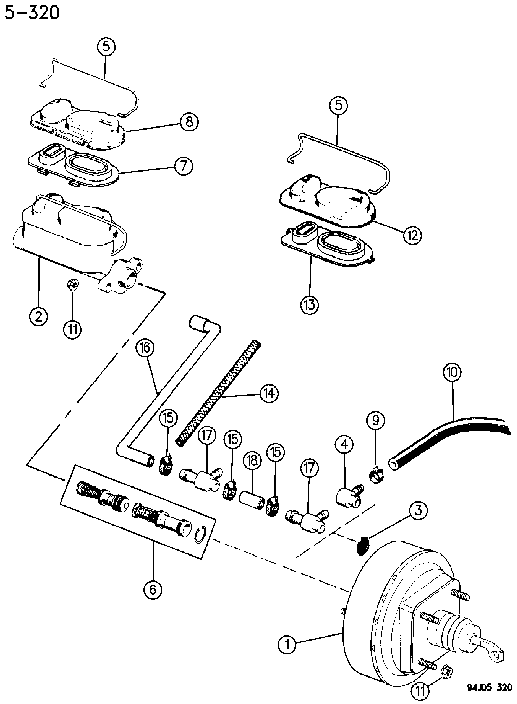 Exploded view: BOOSTER AND MASTER CYLINDER U.S. AND CANADA, W/O ANTI-LOCK CHEROKEE