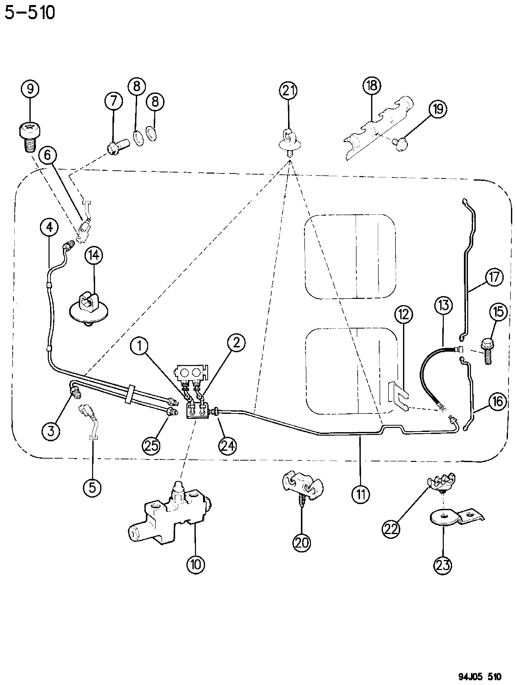 Exploded view: BRAKE LINES AND HOSES W/O ANTI-LOCK WRANGLER, YJ