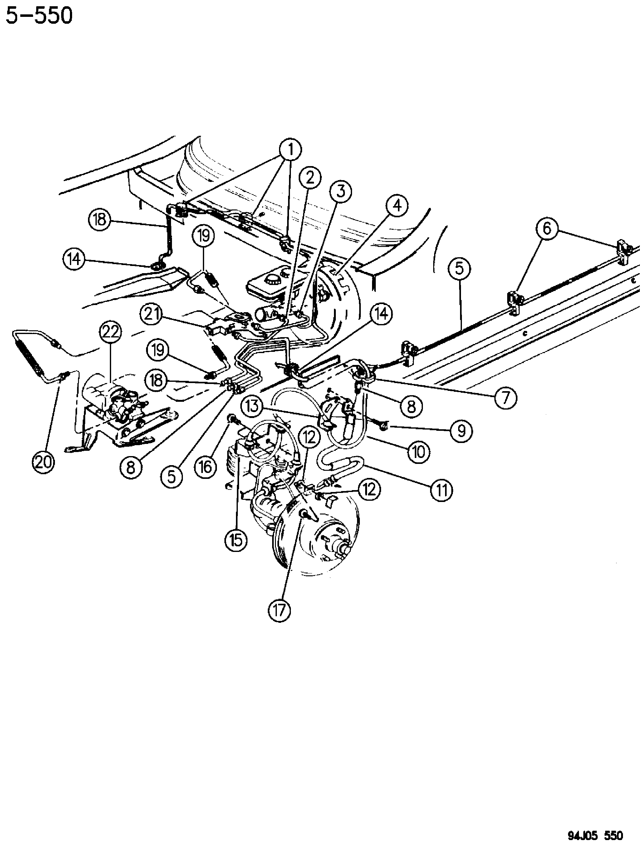 Exploded view: BRAKE LINES AND HOSES (FRONT) ANTI-LOCK CHEROKEE, GRAND CHEROKEE