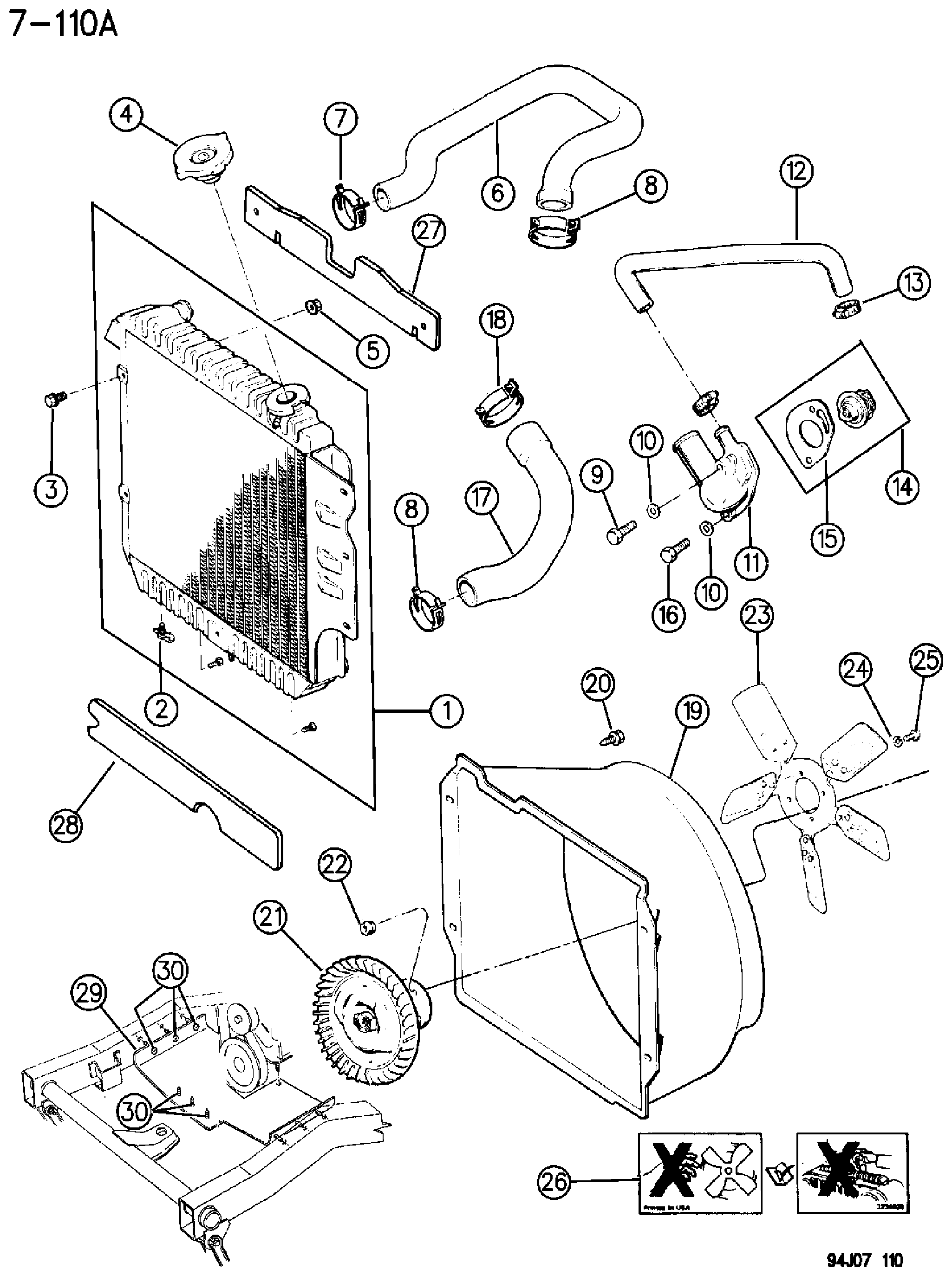 Exploded view: RADIATOR AND RELATED PARTS SIX CYLINDER ENGINE YJ BODY