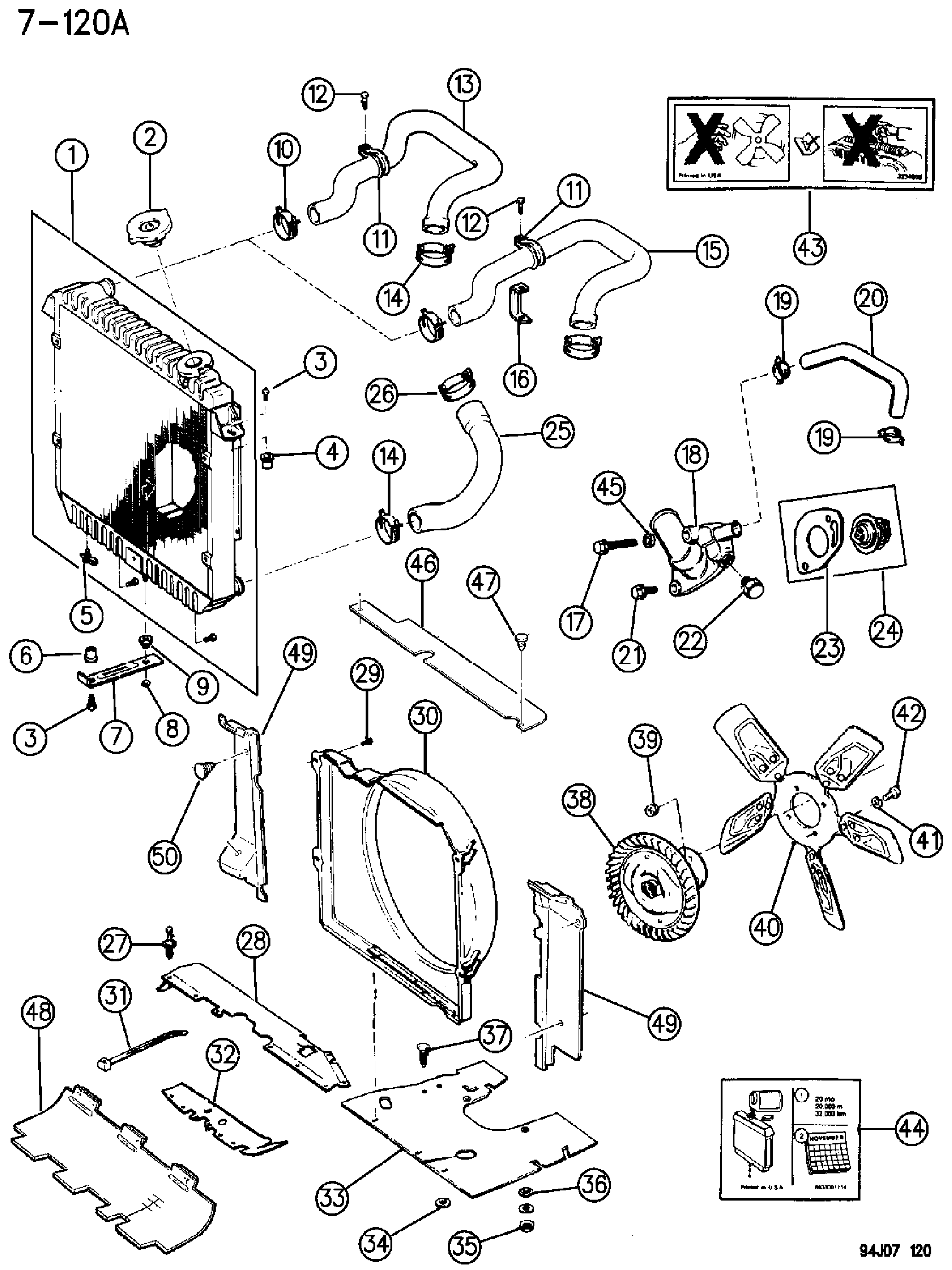 Exploded view: RADIATOR AND RELATED PARTS FOUR CYLINDER ENGINE XJ BODY