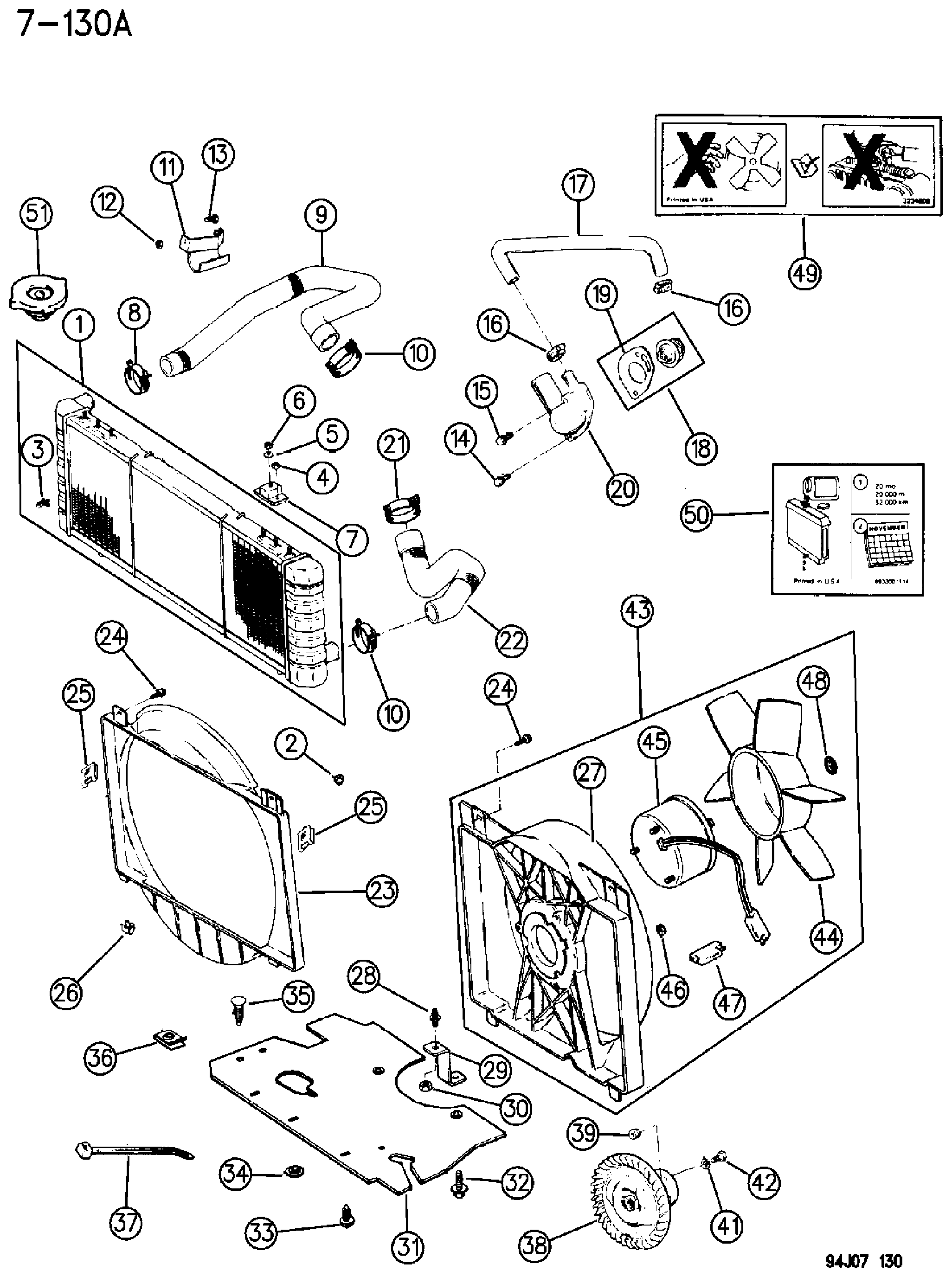 Exploded view: RADIATOR AND RELATED PARTS SIX CYLINDER ENGINE XJ BODY