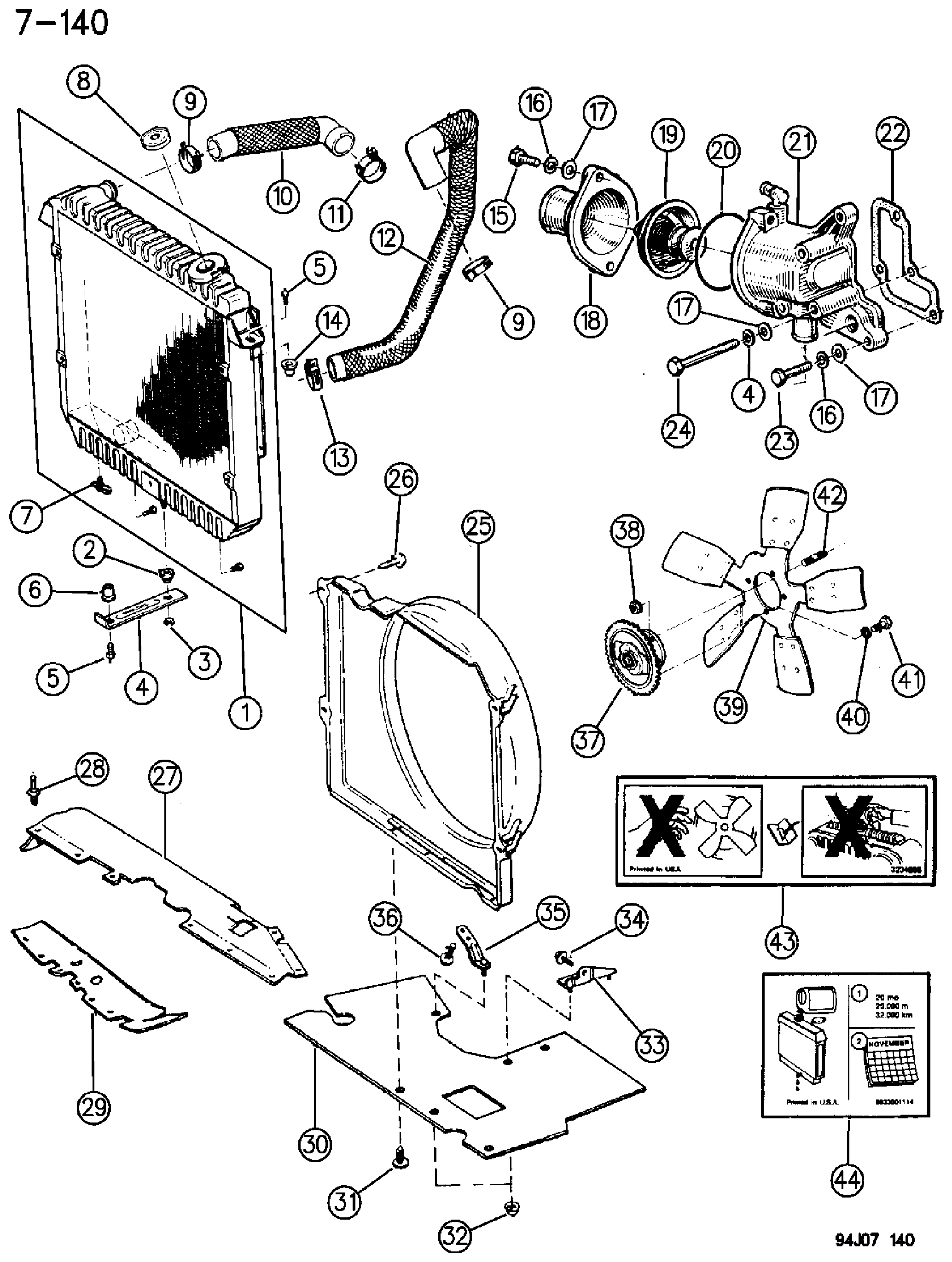 Exploded view: RADIATOR AND RELATED PARTS 2.1 DIESEL ENGINE XJ BODY