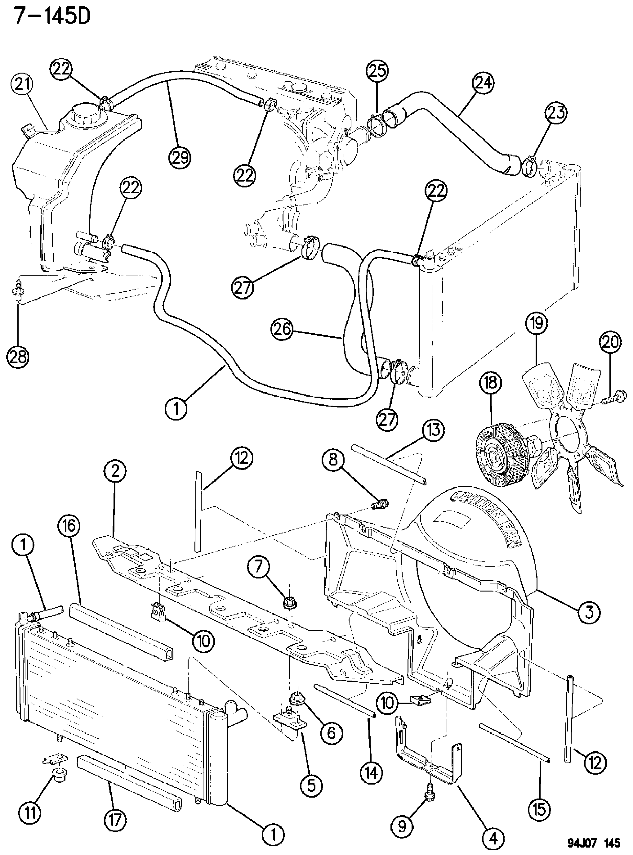 Exploded view: RADIATOR AND RELATED PARTS 2.5 DIESEL ENGINE XJ BODY