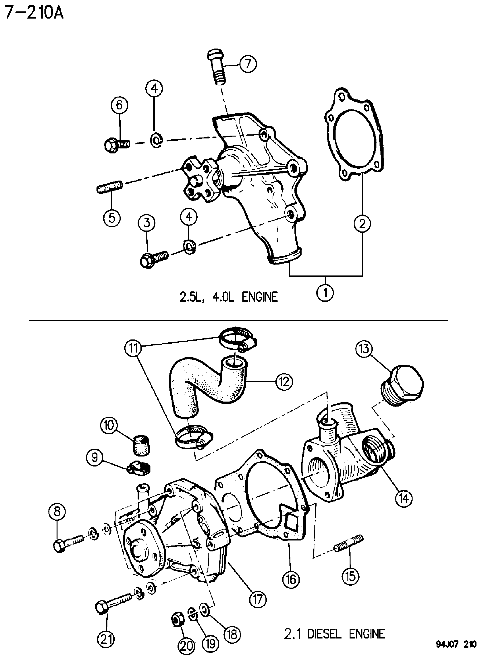 Exploded view: WATER PUMP AND RELATED PARTS 2.5, 4.0 AND 2.1 DIESEL ENGINE XJ, ZJ, ZG BODY
