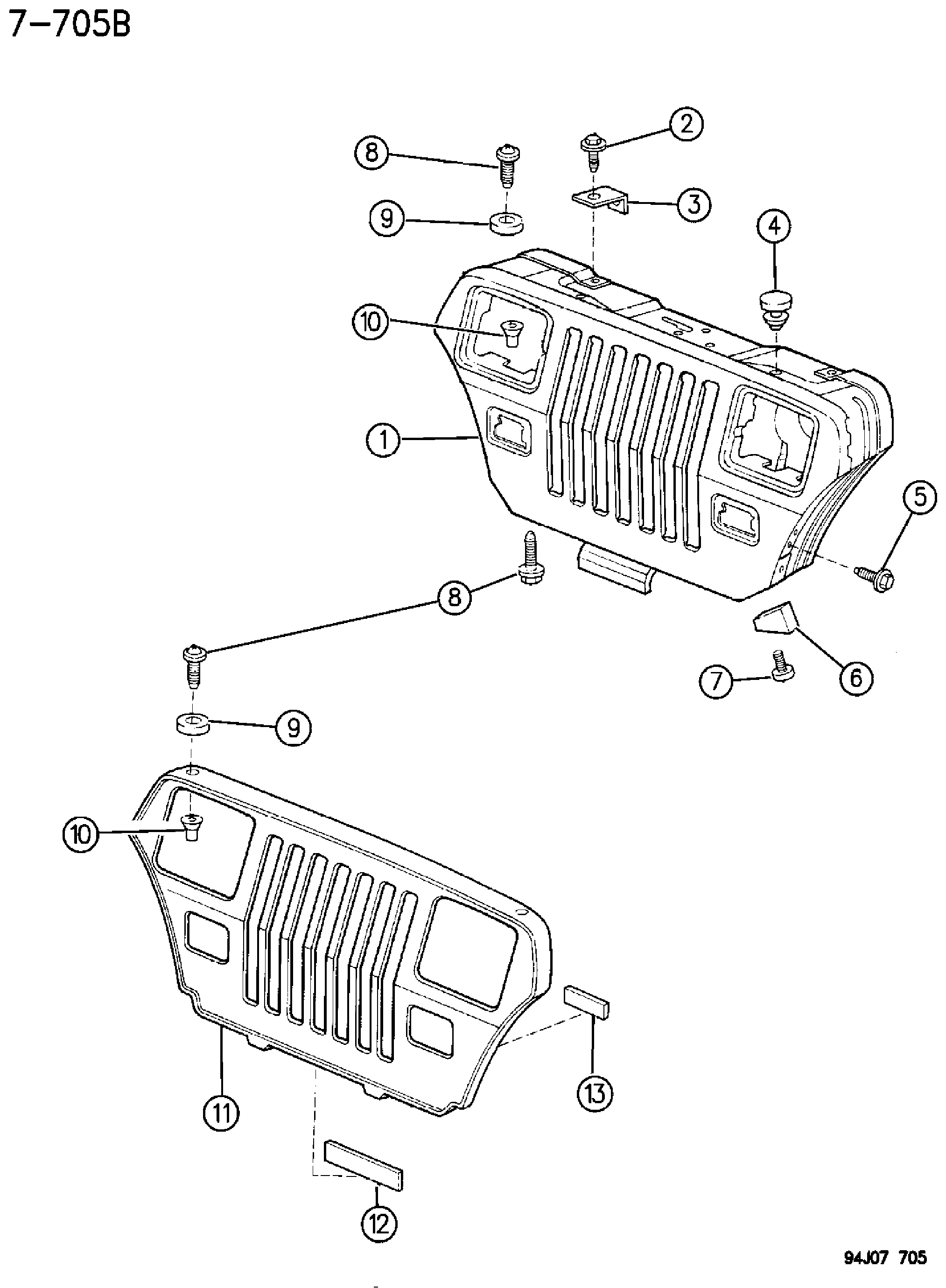 Exploded view: GRILLE AND RELATED PARTS YJ BODY